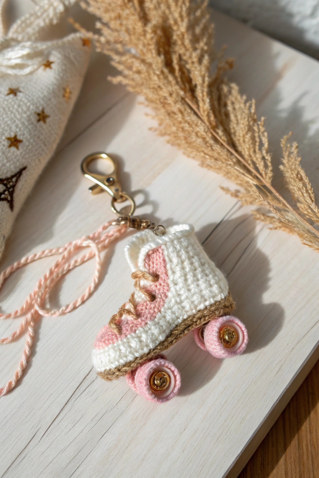 Handcrafted crochet roller skate keychain—vintage charm meets minimalist style.