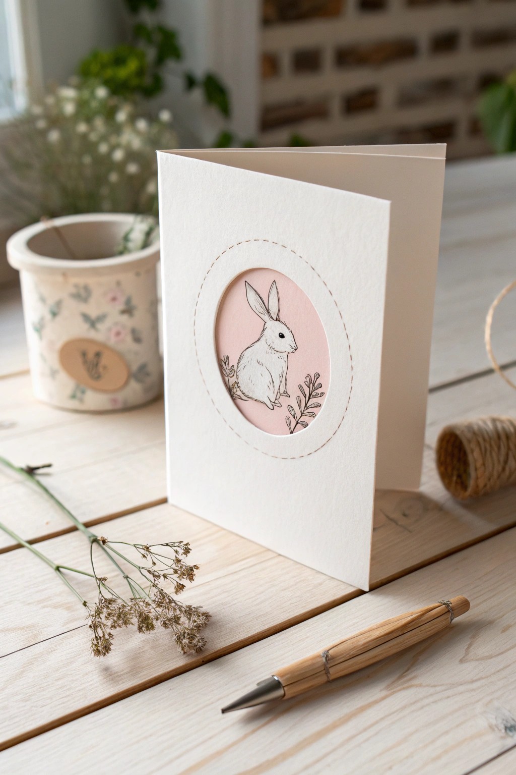 Minimalist peekaboo card with a hand-drawn bunny—Scandi-boho charm for your next craft session.