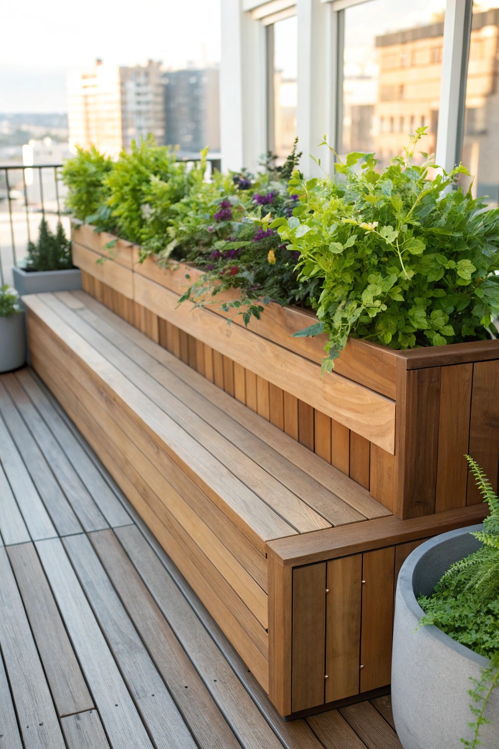 Effortless outdoor elegance: a crafted bench meets lush greenery for the perfect deck retreat.