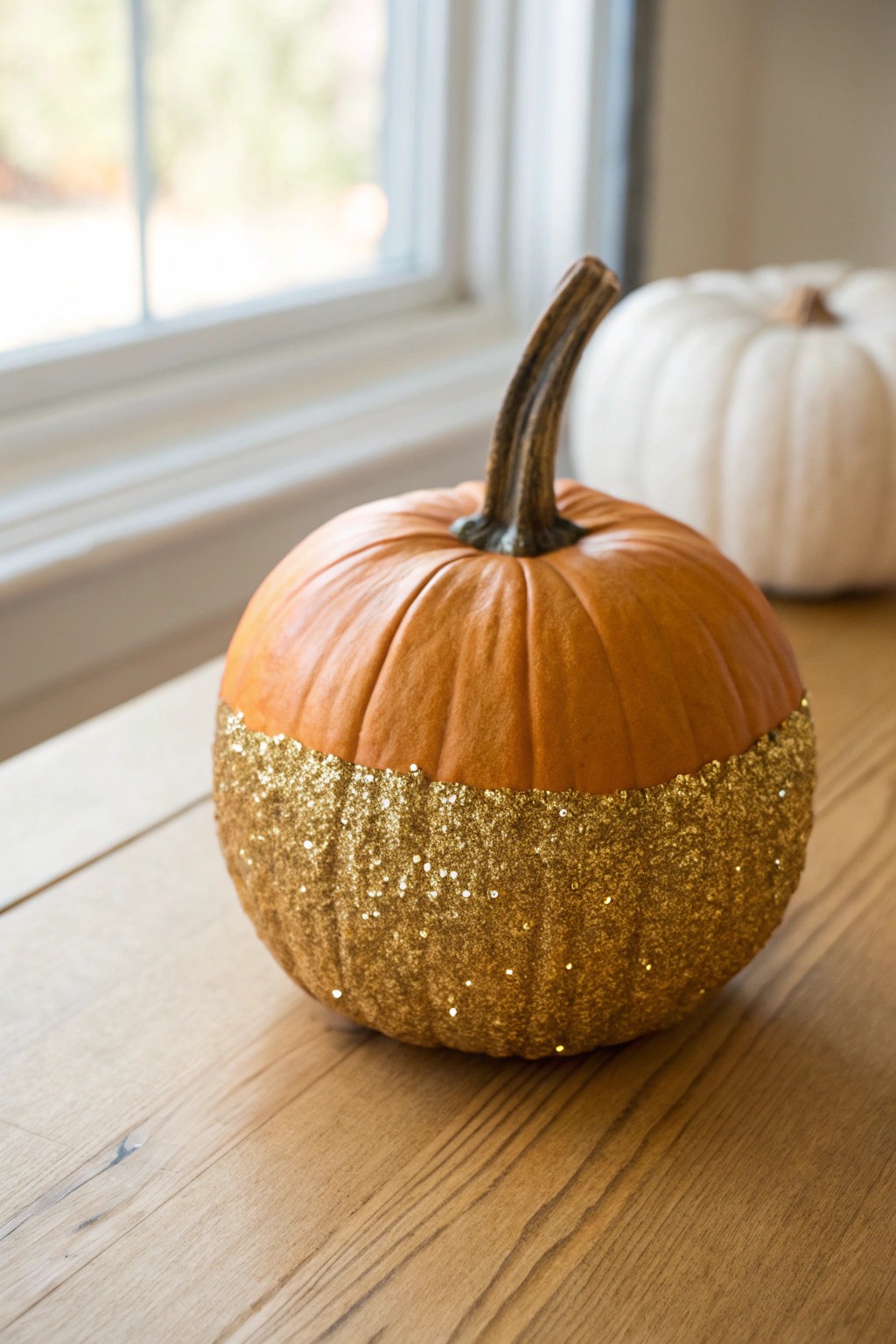 Chic simplicity: a handcrafted glitter-dipped pumpkin that sparkles with natural charm.