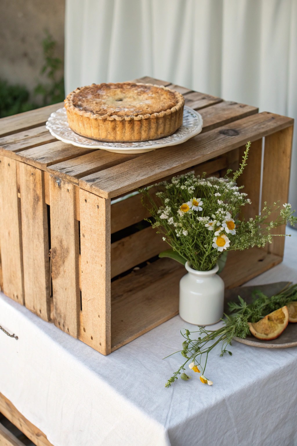 Elevate your dessert table with a rustic wooden crate and homemade pie—simple, beautiful, and naturally inviting.