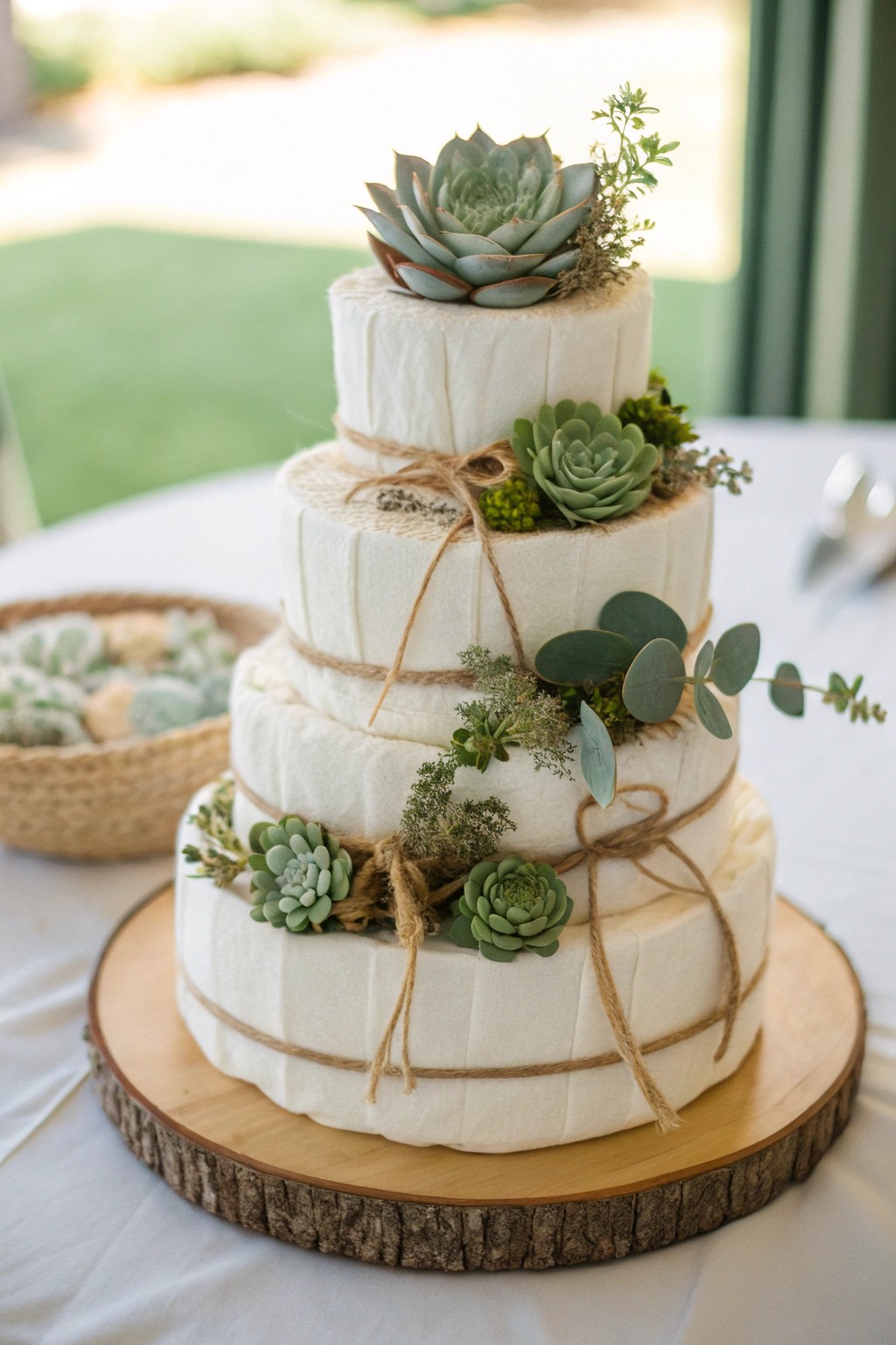 A modern, botanical diaper cake—nature-inspired charm for a dreamy baby shower.