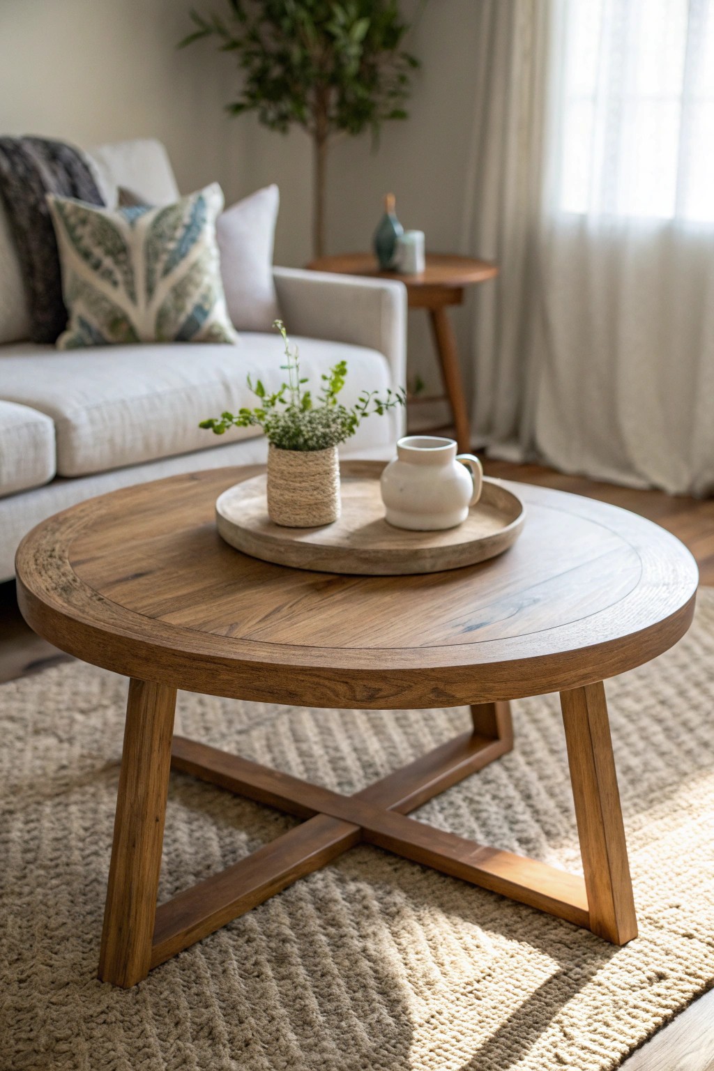 A beautifully crafted round coffee table—safe for little ones, stunning for everyone.