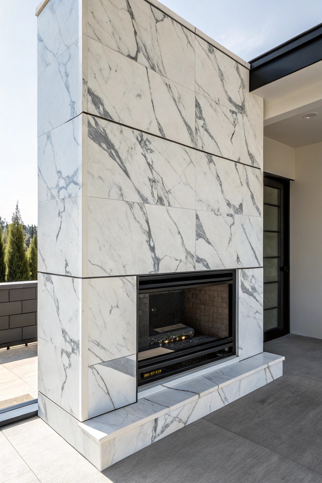 Sleek marble fireplace wall—where modern luxury meets natural beauty.
