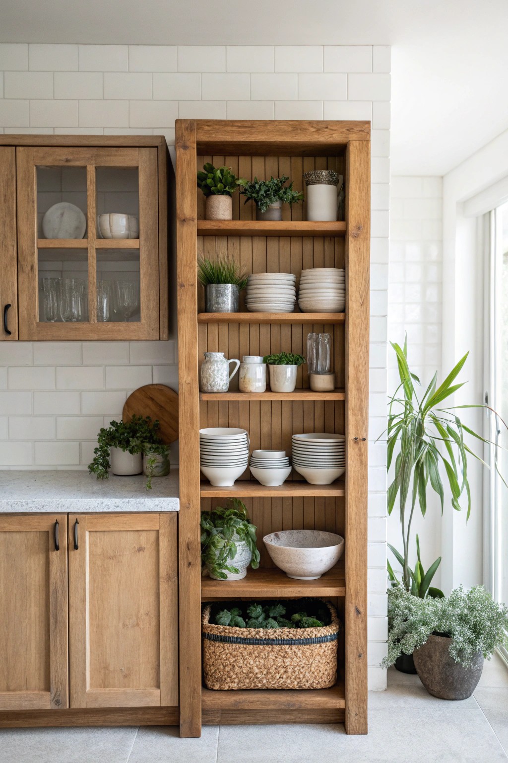 Asymmetry in style: Open shelving brings warmth and personality to this galley kitchen.