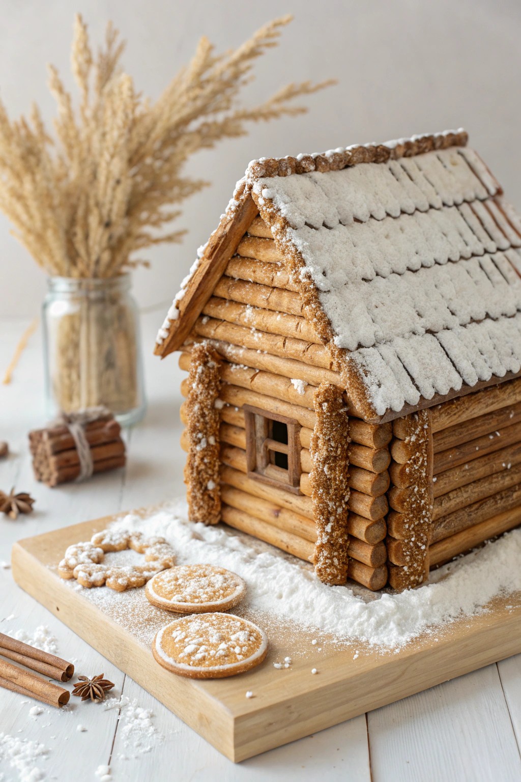 Scandinavian-inspired gingerbread log cabin: rustic charm with snowy simplicity.