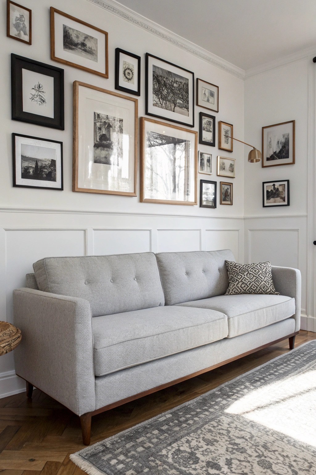 Let your grey sofa shine as the anchor for a stunning, personal gallery wall.