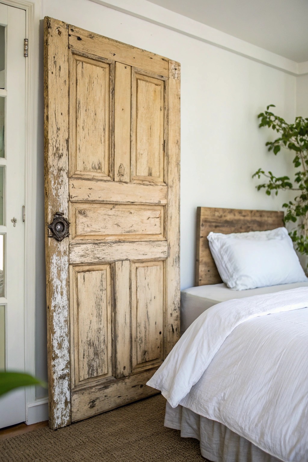 Transform your bedroom with the timeless charm of a vintage door headboard.