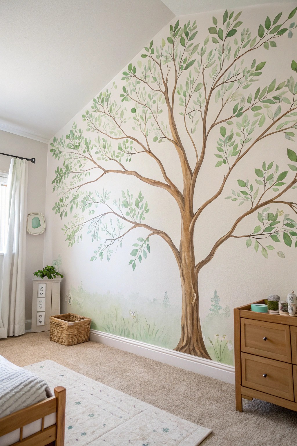 Bring the outdoors in: a handcrafted tree mural for a dreamy kids room.
