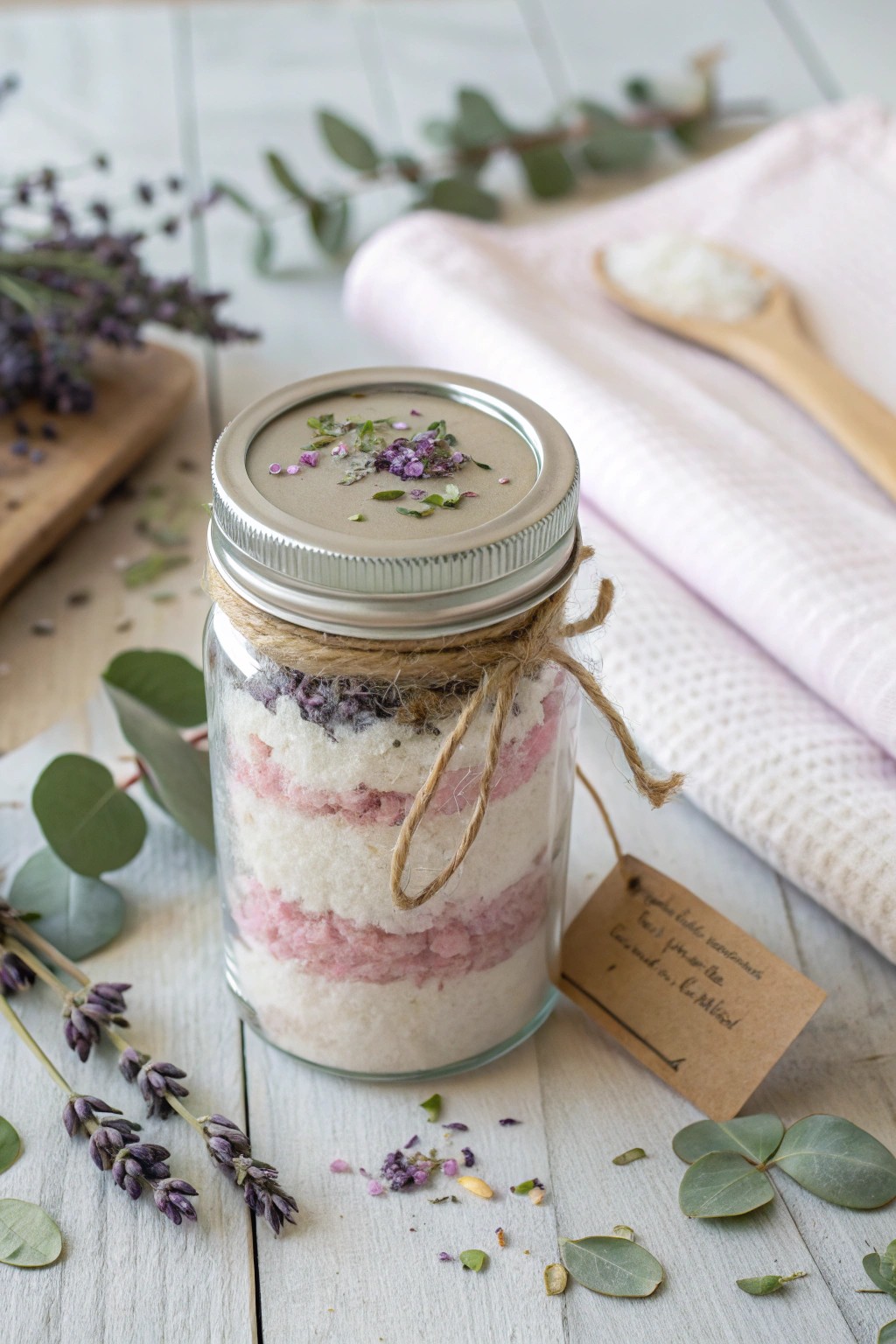 A beautifully simple mason jar of homemade bath salts—Scandinavian charm meets soothing self-care.