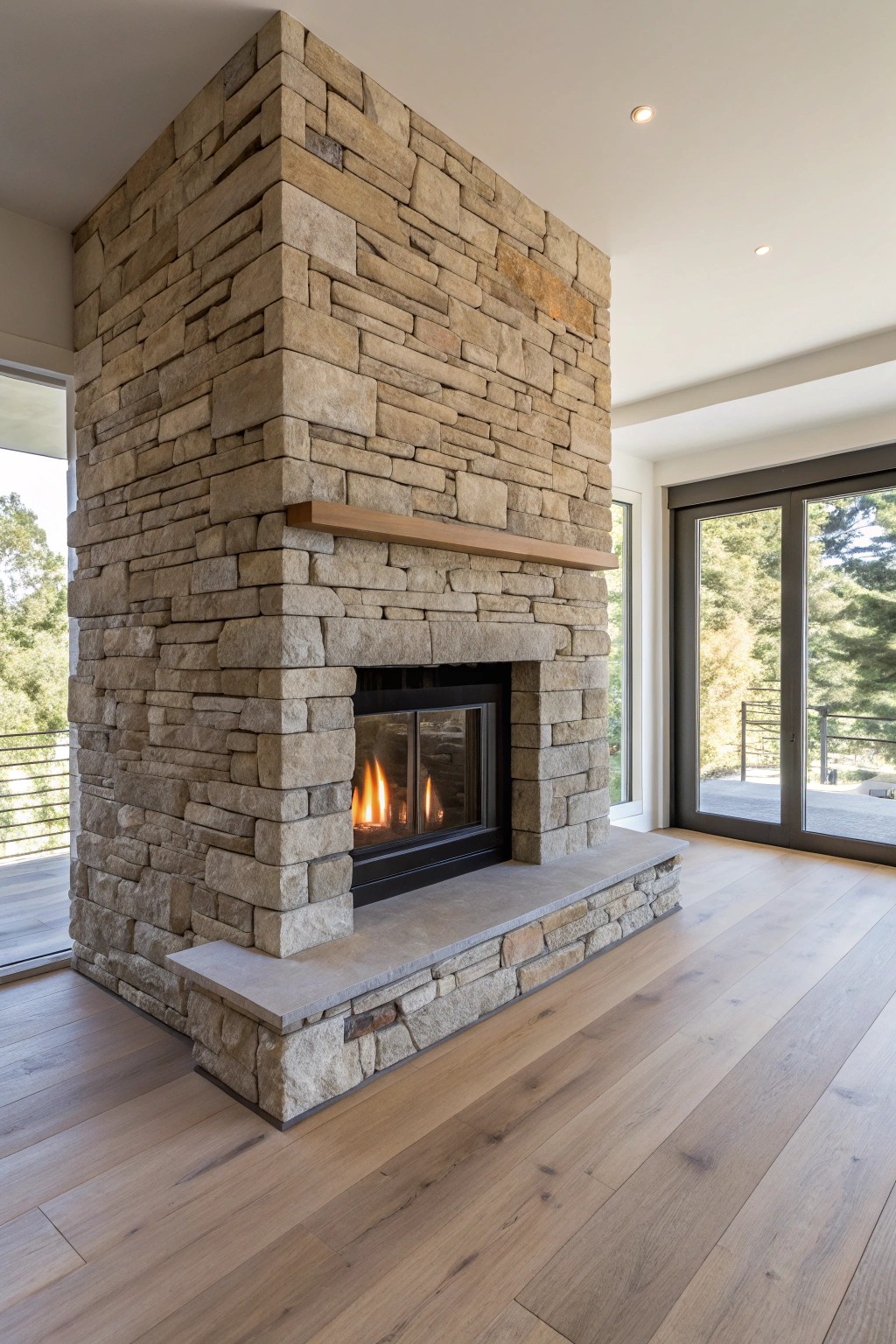 Elevate your space with a stunning floor-to-ceiling stone fireplace—where modern design meets timeless beauty.