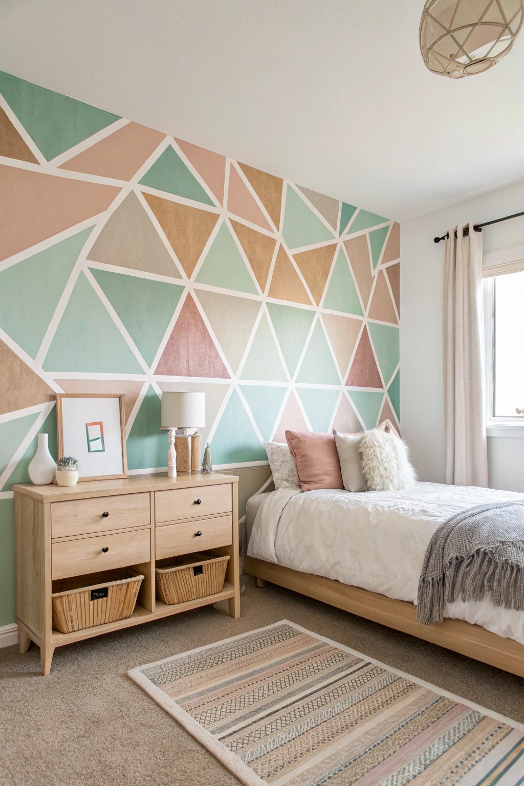 A bold geometric accent wall brings modern personality to a minimalist teen bedroom.