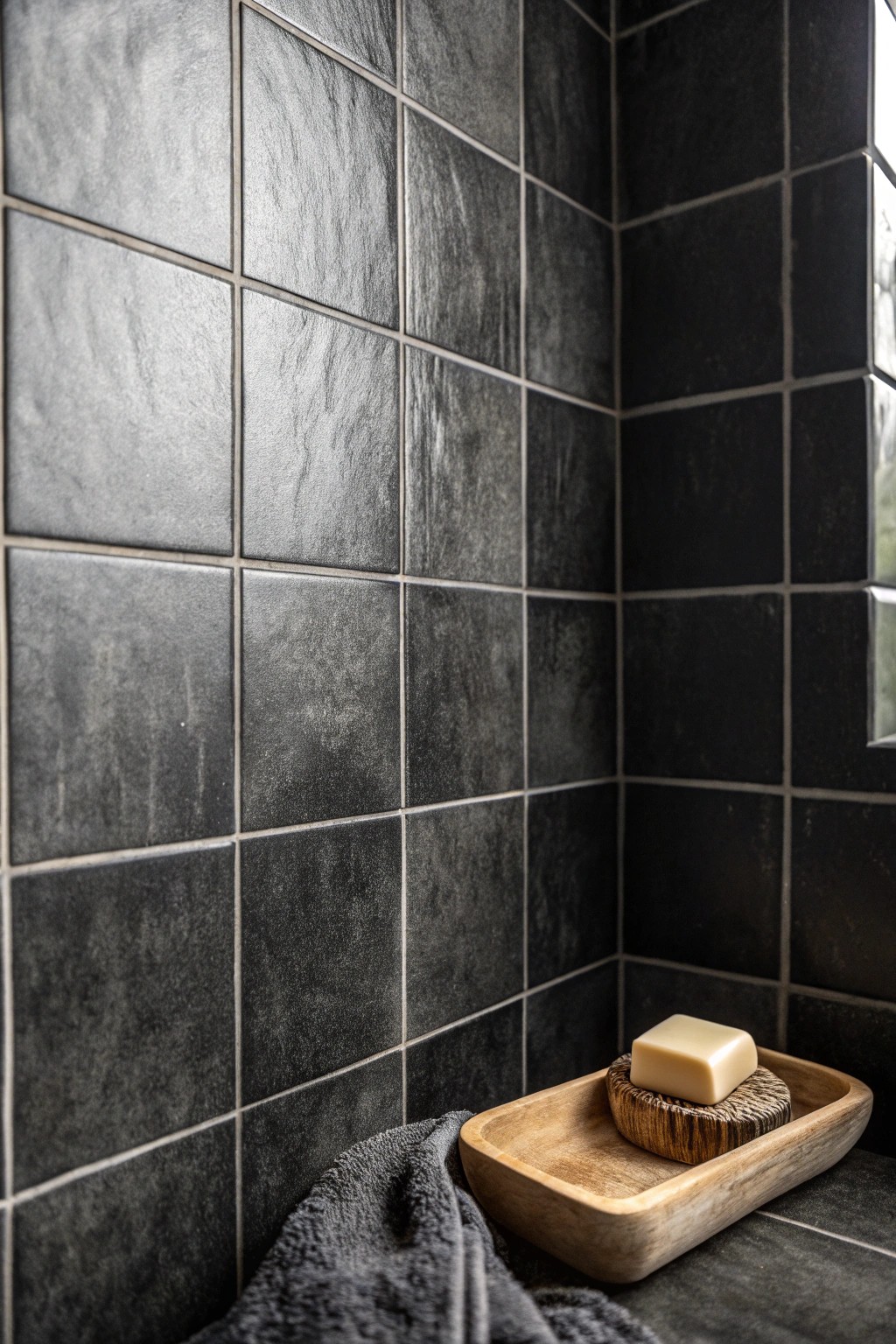 Velvet black tiles: pure drama and handcrafted elegance for a moody bathroom.