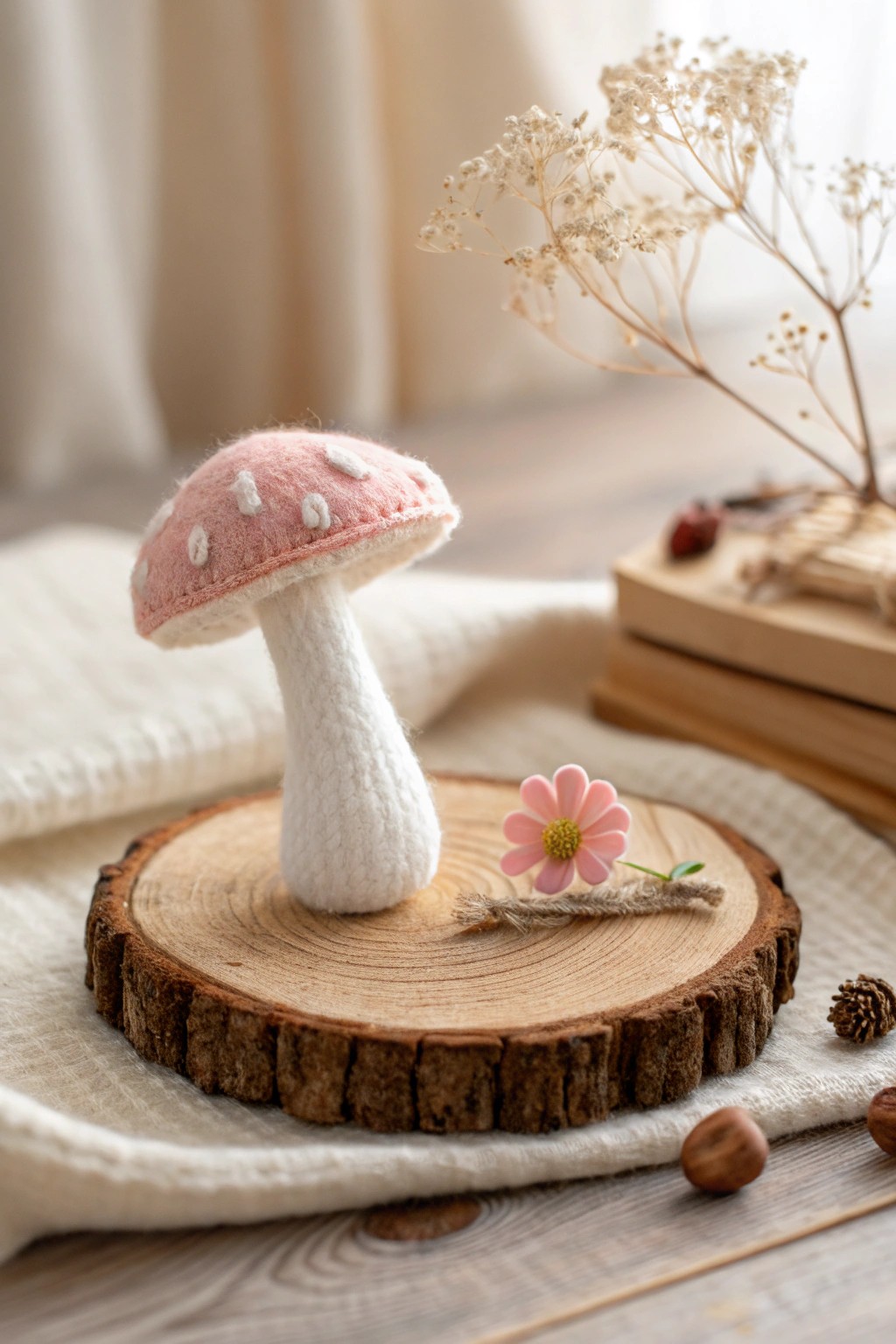 Whimsical needle felted mushroom—Scandinavian minimalism meets fairy garden charm.