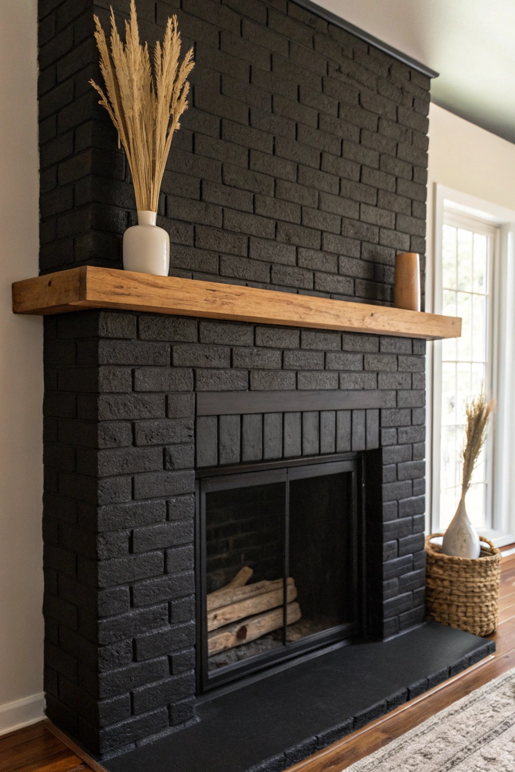 Moody black brick fireplace: bold, simple, and beautifully crafted.