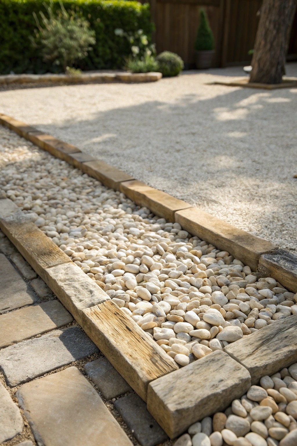 Effortlessly charming: a rustic pea gravel patio framed with stone for budget-friendly outdoor beauty.
