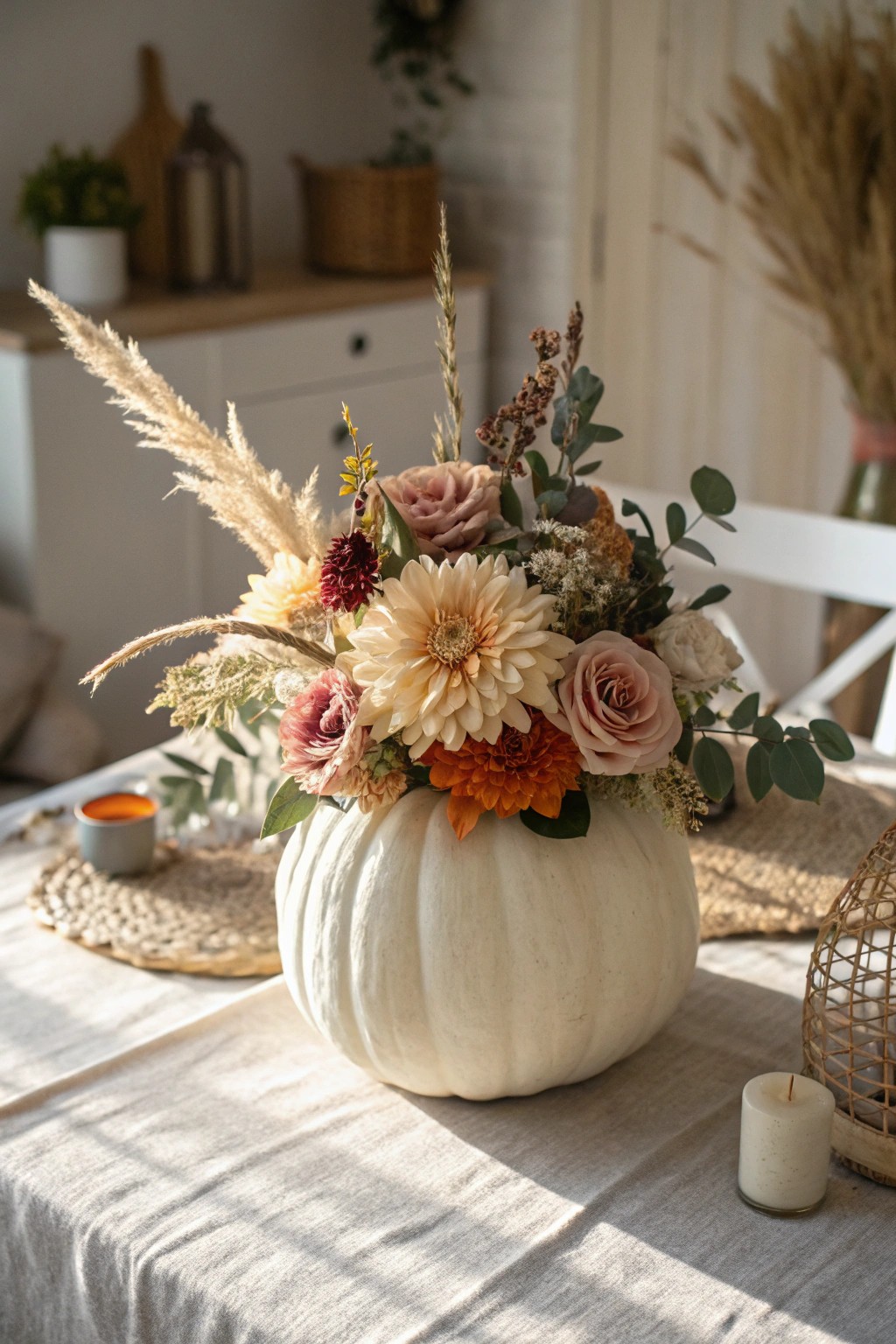 Handcrafted pumpkin vase centerpiece—simple, stunning, and perfectly autumnal.