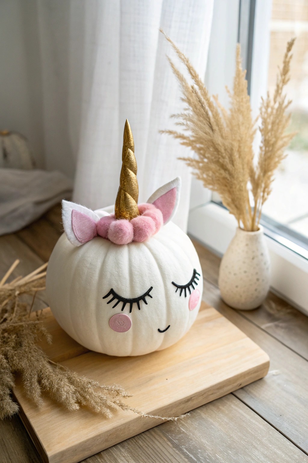 Whimsical unicorn pumpkin—Scandi minimalism meets magical boho charm.