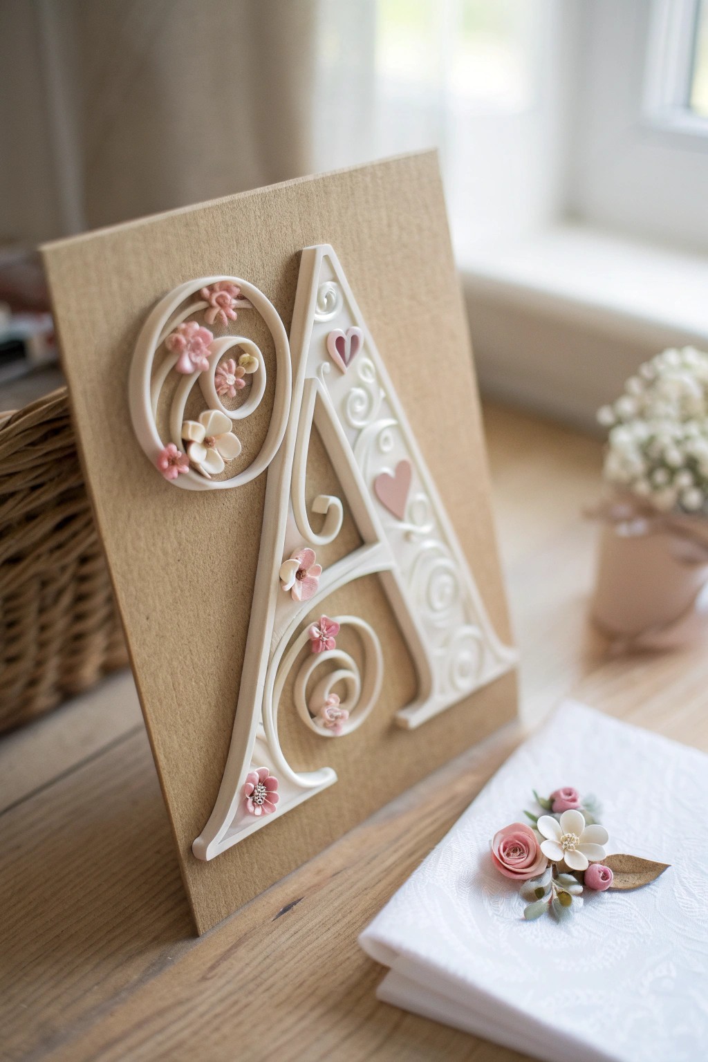 Handcrafted quilled monogram: a personalized touch of minimalist beauty.