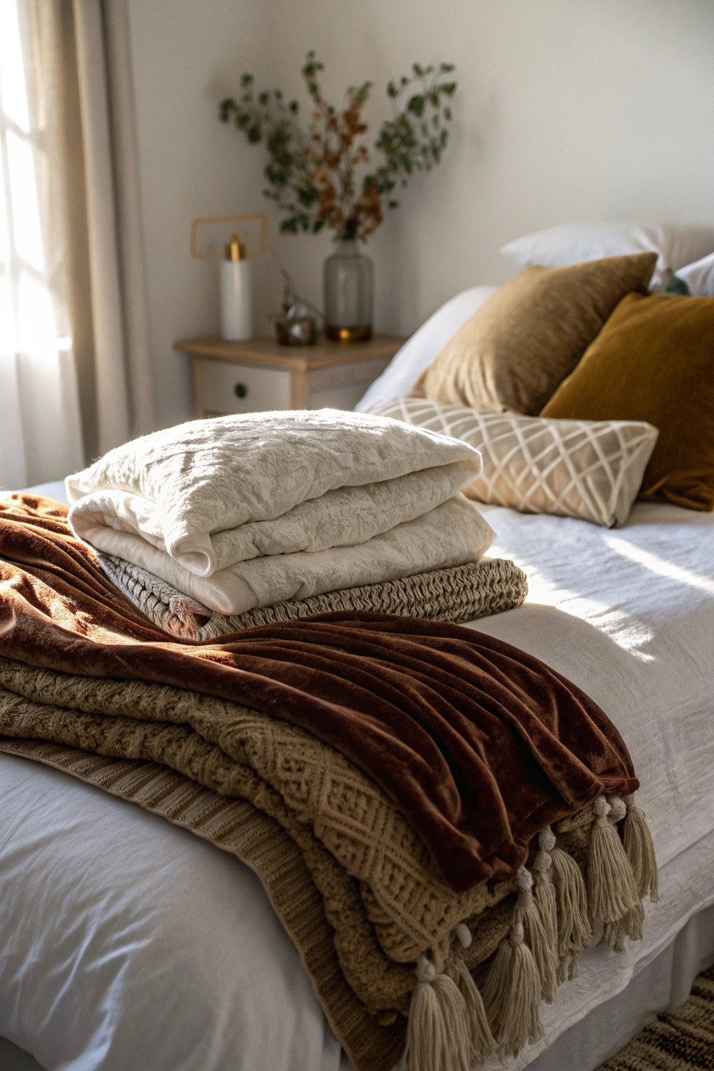 Cozy up with layers of plush blankets and textured cushions for ultimate bed comfort.