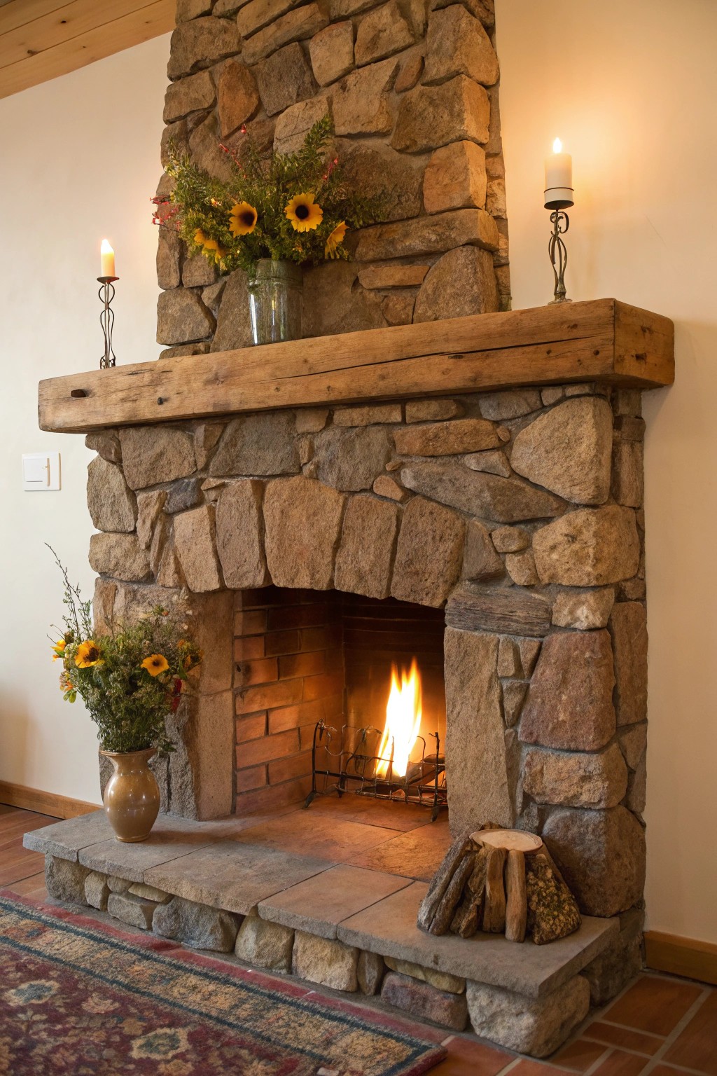Warmth and artistry: Let a stone fireplace anchor your rustic living room.