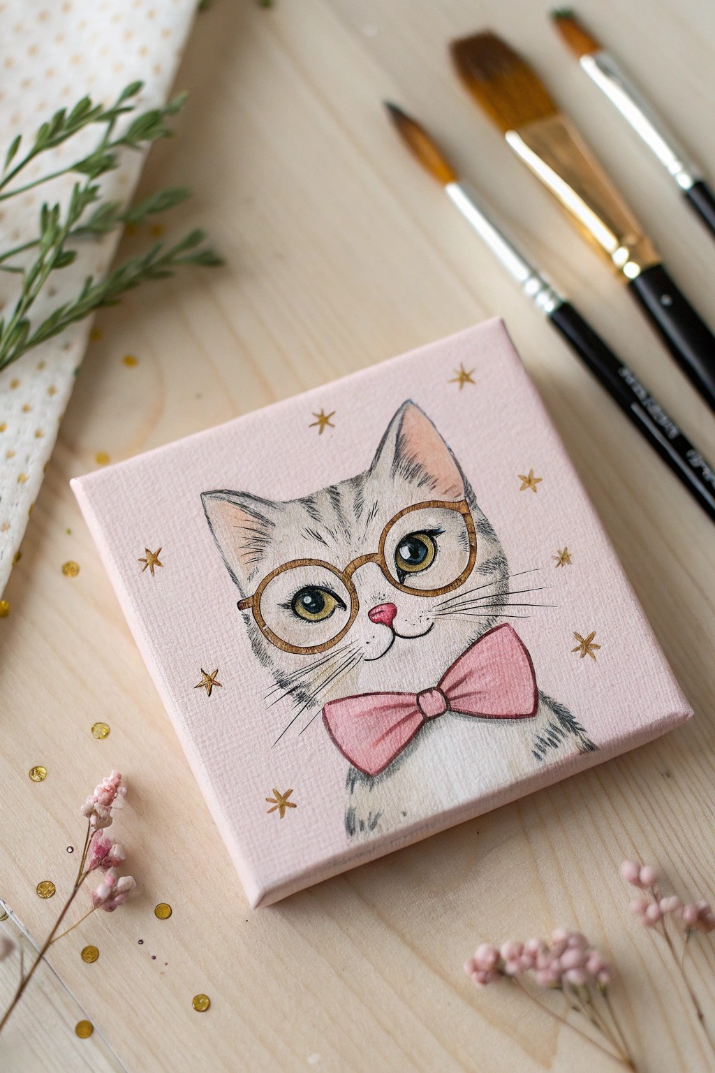 Add a touch of whimsy to your space with a charming hand-painted kitty on canvas.