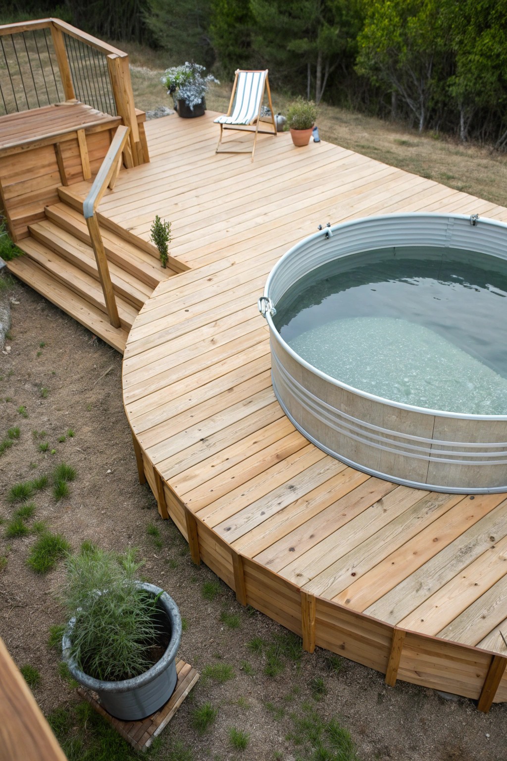 Elevate your backyard with a cedar decked stock tank pool—simple, serene, and handcrafted for pure relaxation.
