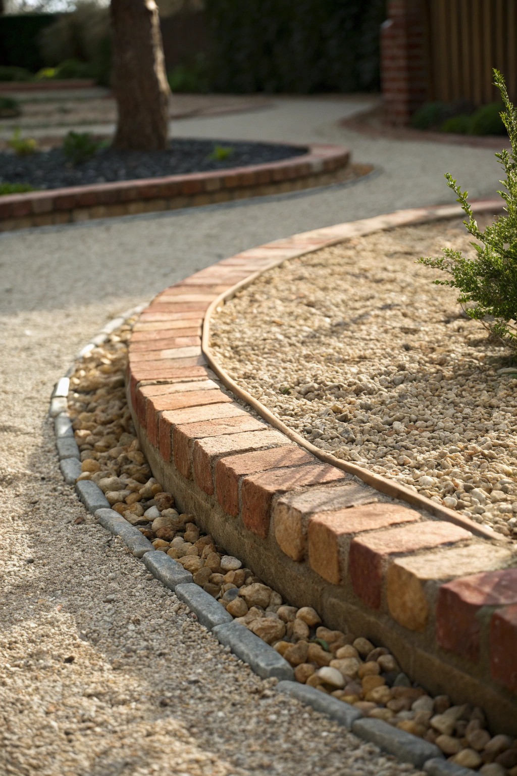 Effortless elegance: a pea gravel walkway edged in timeless brick.