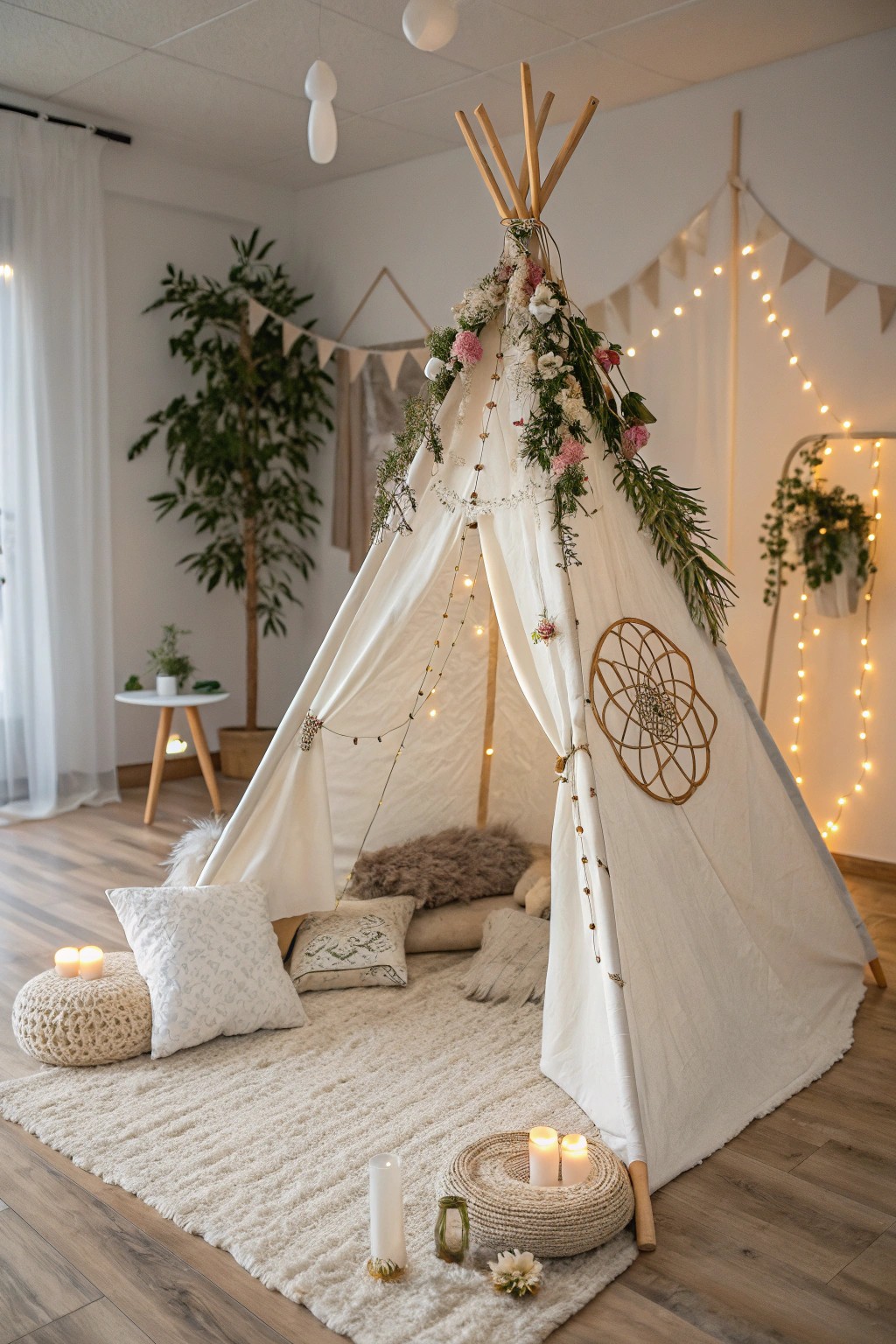 A dreamy boho glamping tent—perfect for magical birthday sleepovers.