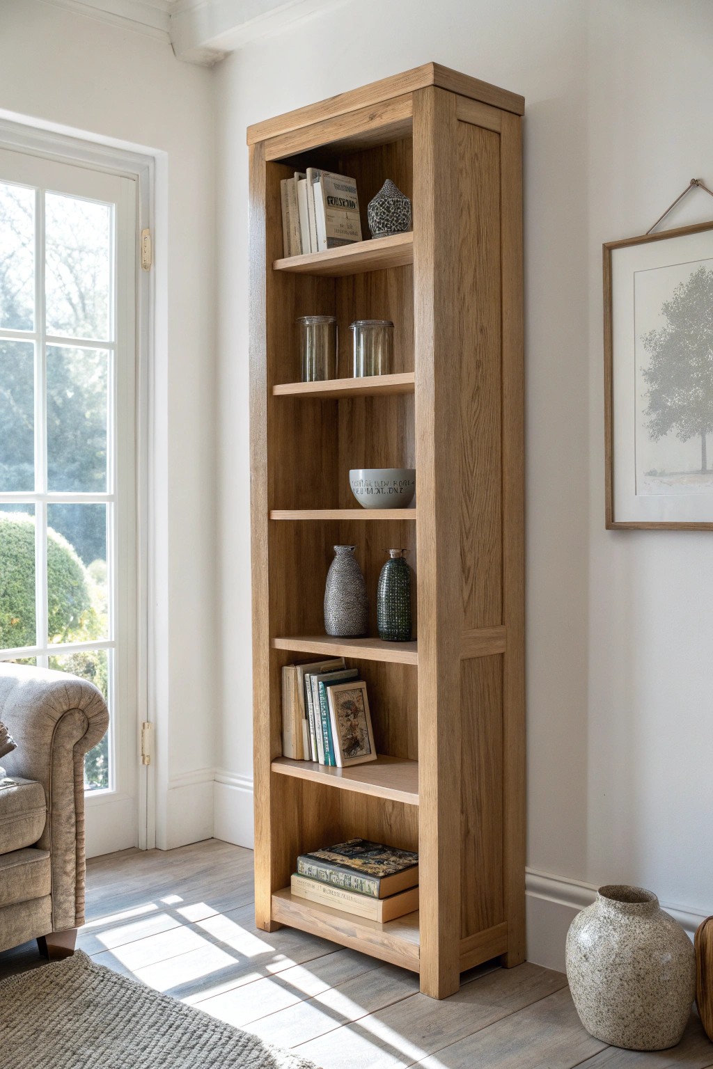 Elevate your small living room with a beautifully crafted open bookshelf—where storage meets style.