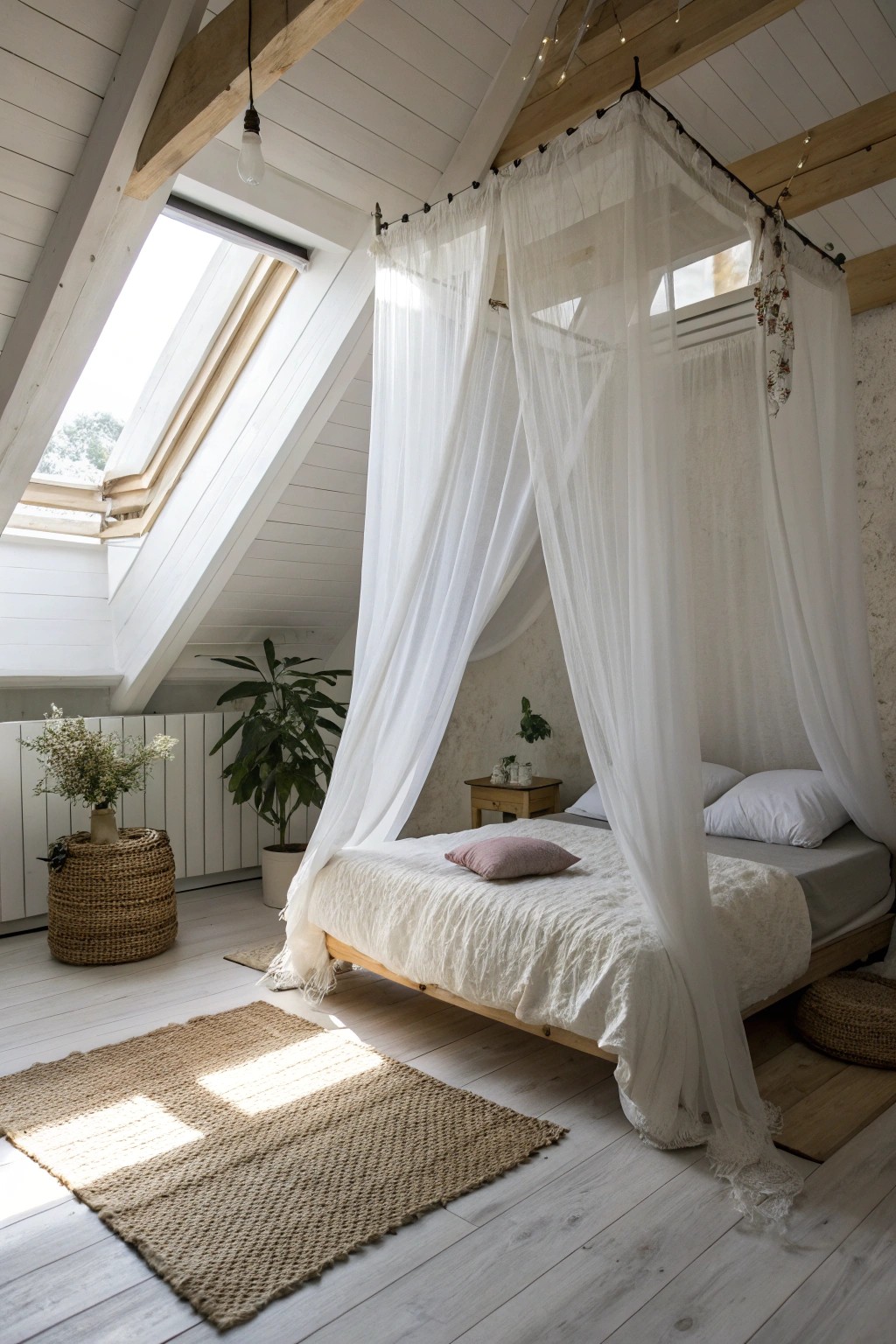 Transform your attic into a dreamy retreat with airy canopy curtains.