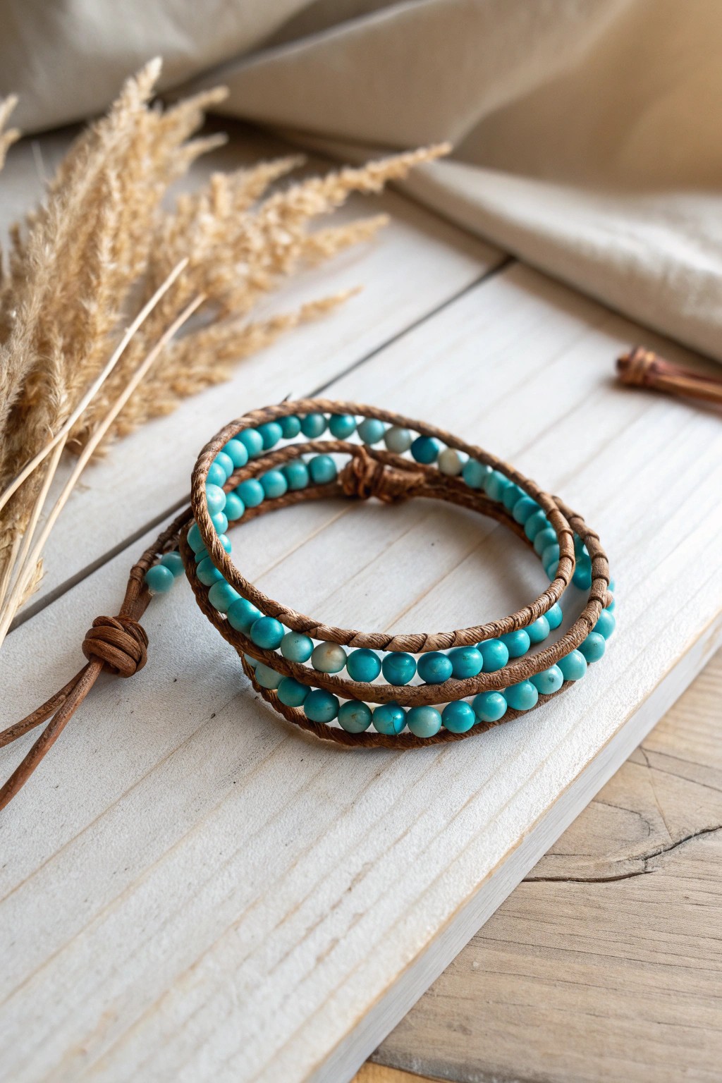 Effortless style: a handcrafted leather and turquoise bead wrap bracelet, perfect for relaxed weekends.