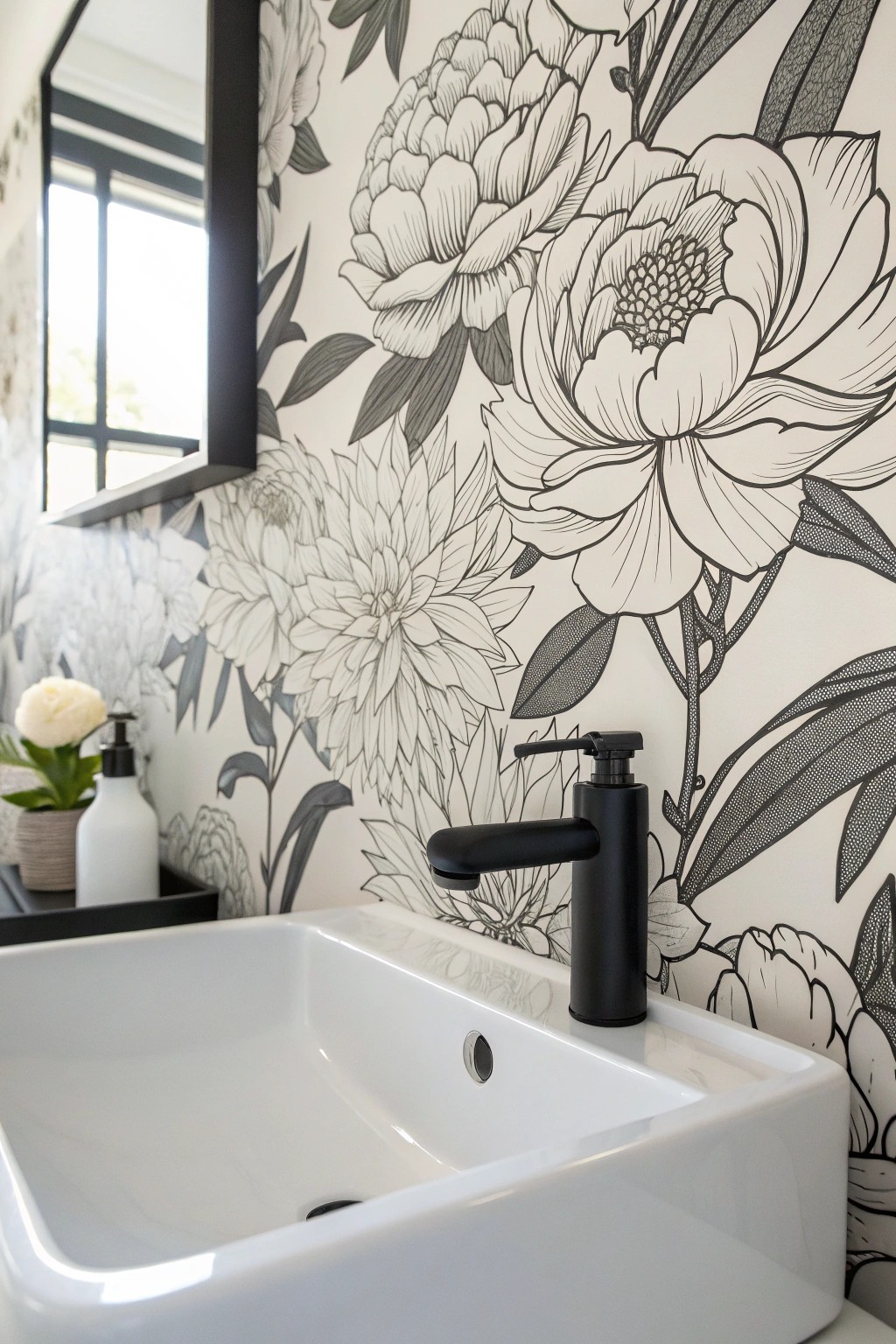Bold black and white florals transform even the smallest bathroom into a stunning retreat.