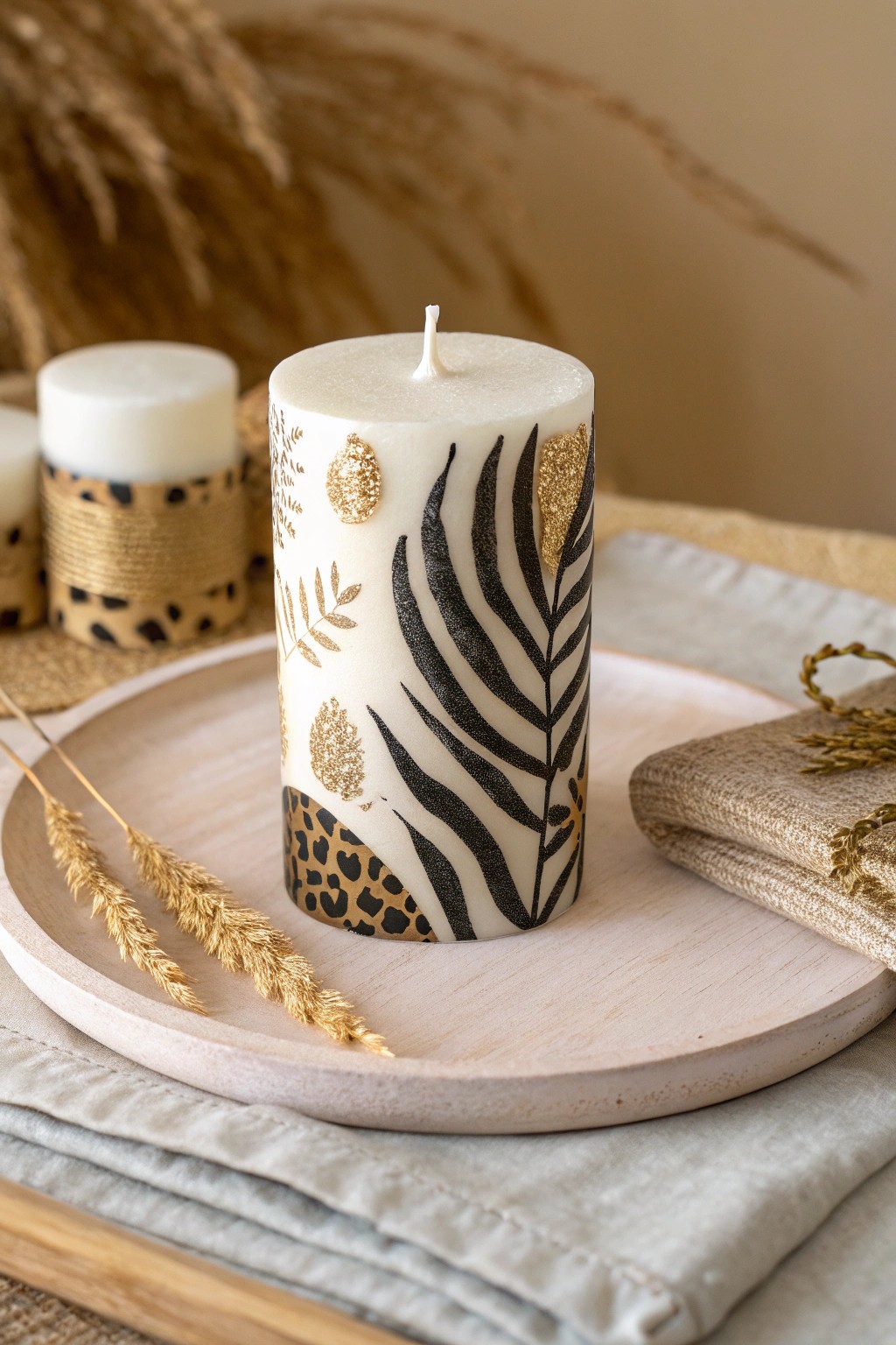 Wild at heart: hand-painted animal print candle for a chic and playful touch.