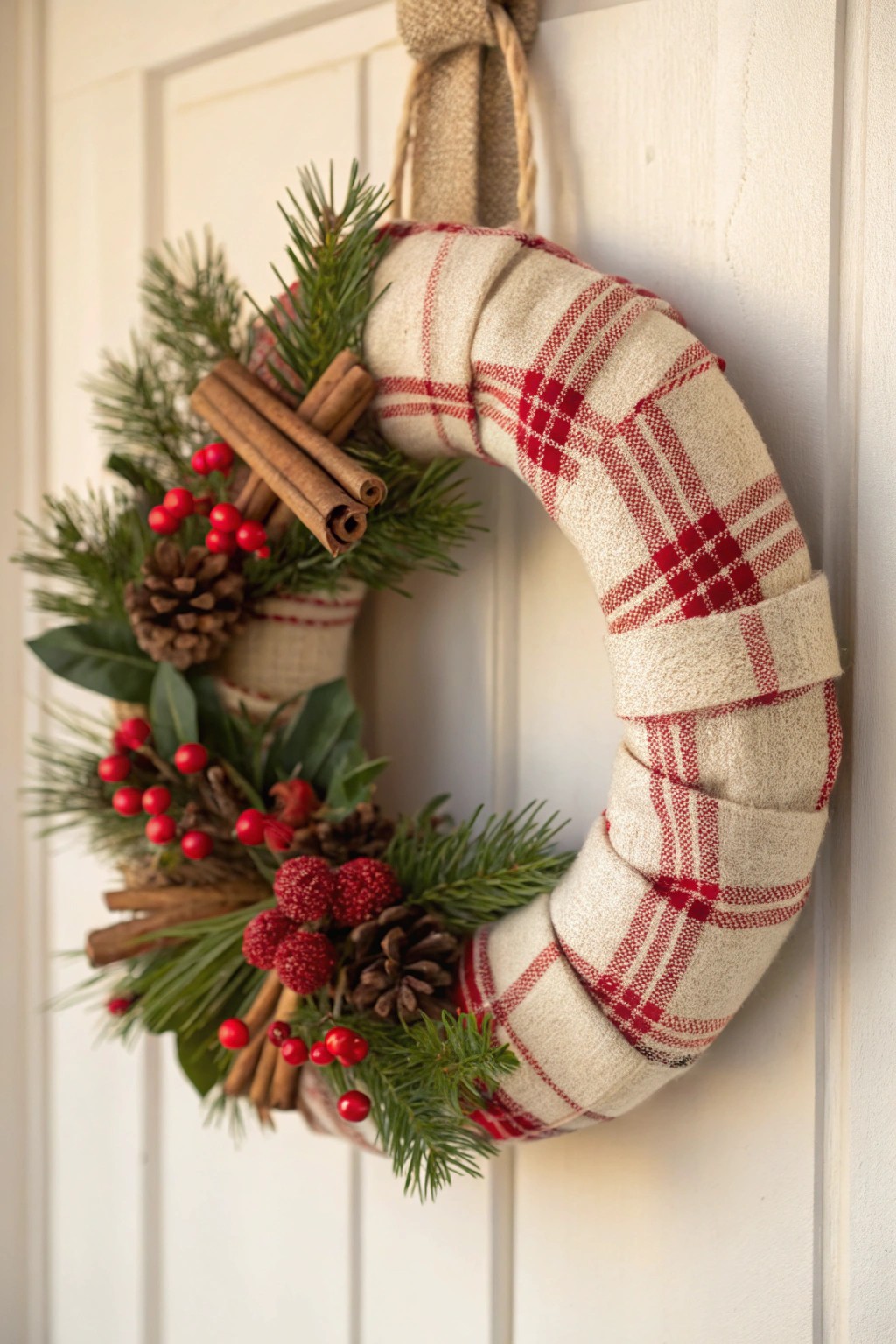 Warm farmhouse charm: a plaid & cinnamon stick Christmas wreath for cozy holiday style.