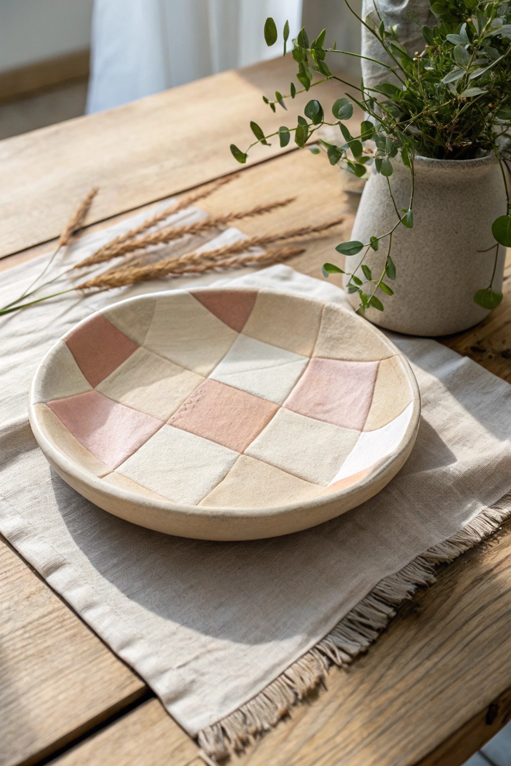 Minimalist patchwork clay platter—modern mosaic meets handcrafted beauty.