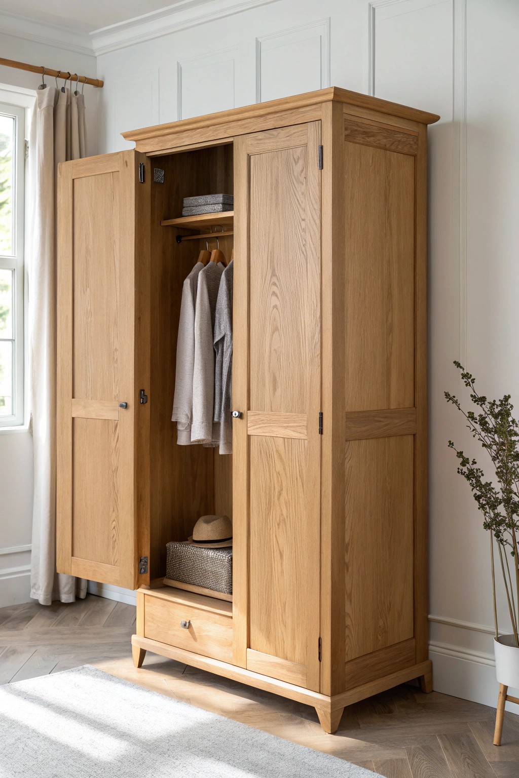 Serene simplicity: a light wood wardrobe elevates your space with natural beauty.