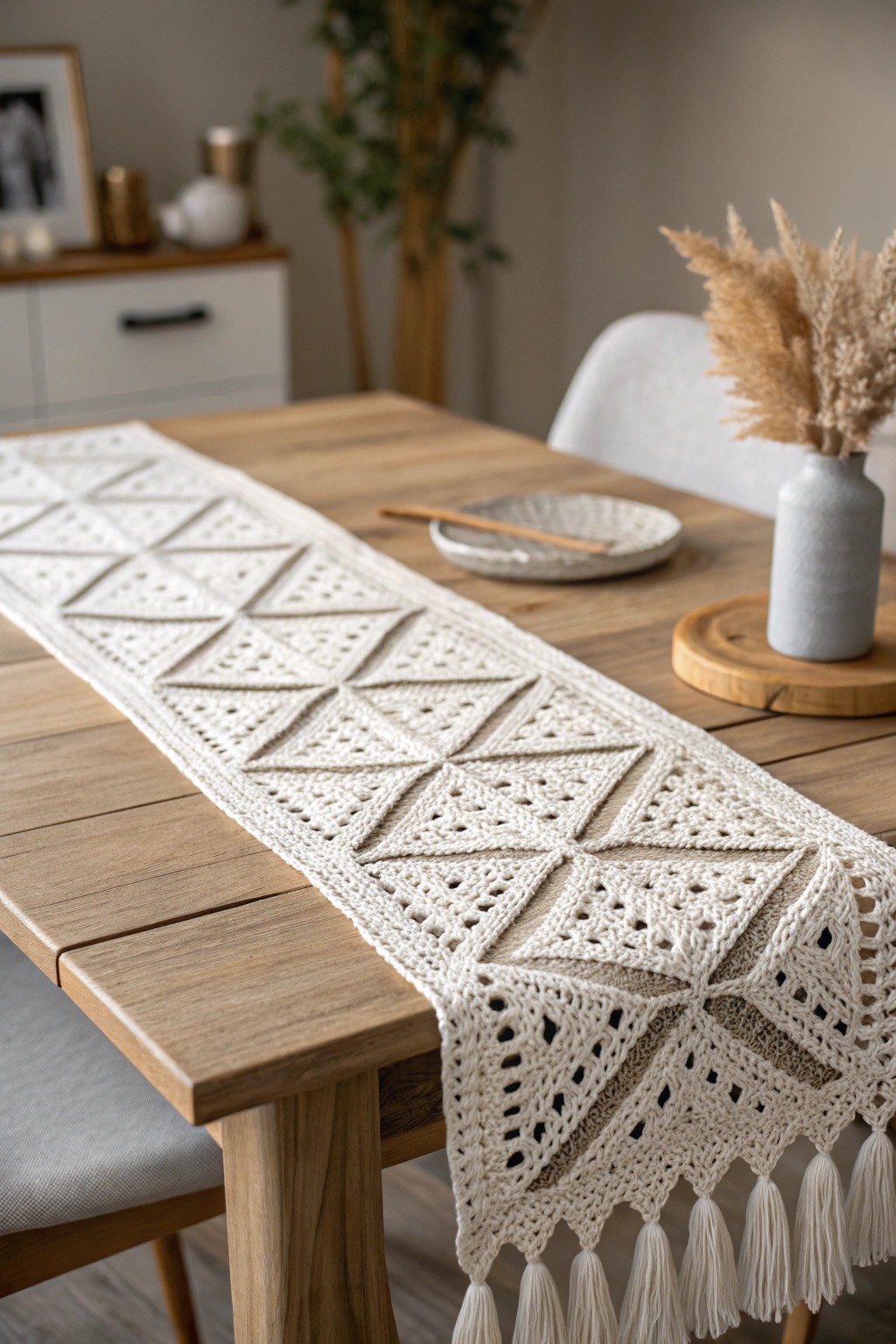 Elevate any dining space with the timeless charm of a handcrafted crochet table runner.