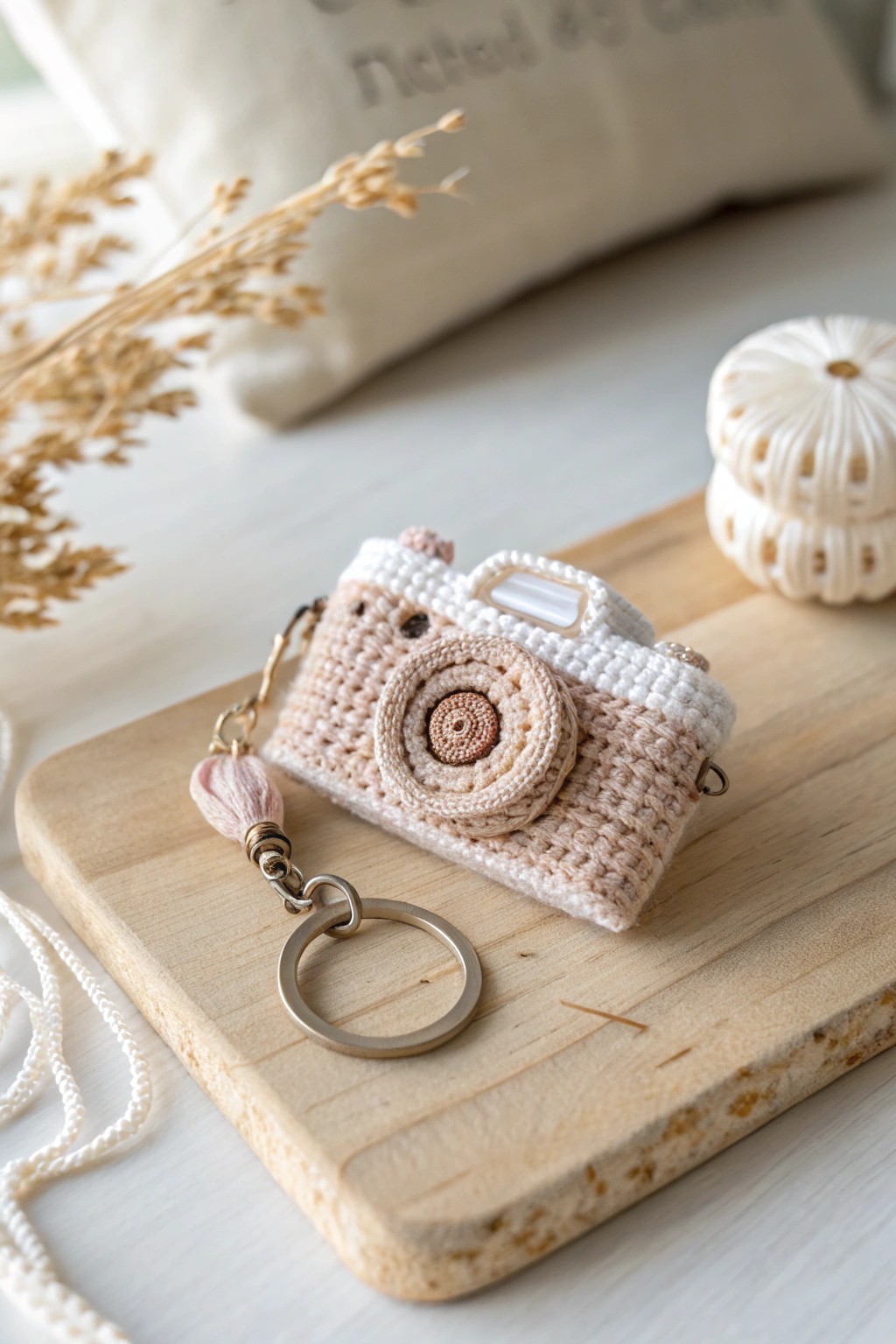 Chic crochet camera keychain – handcrafted charm for photography lovers.