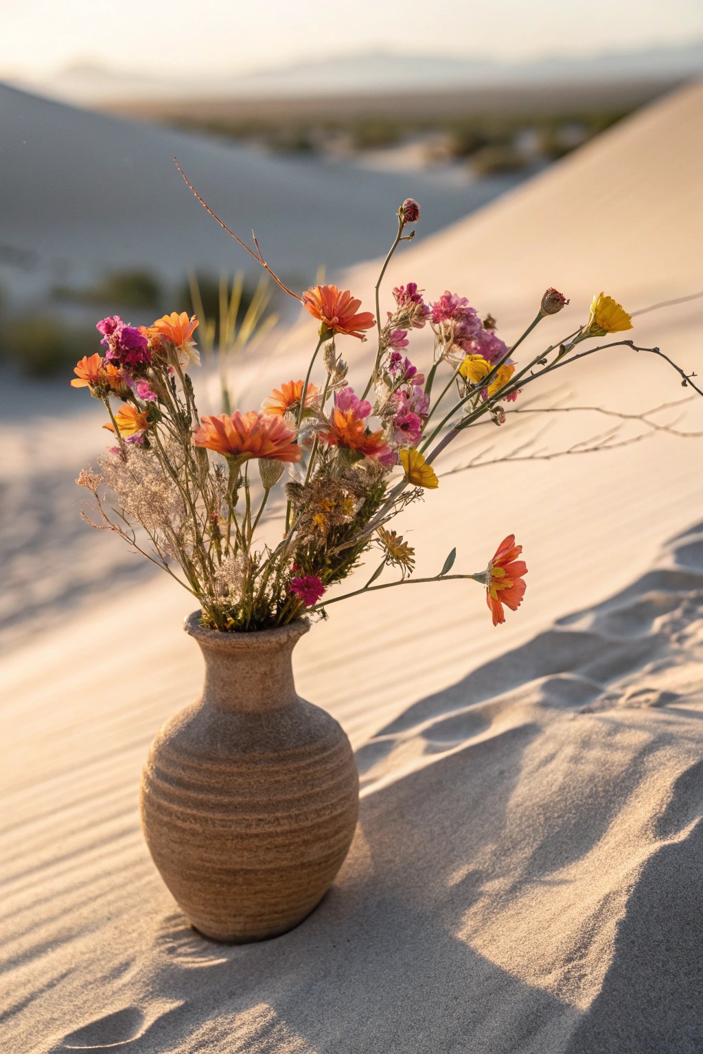 A handcrafted vase bursting with native desert wildflowers—bring a touch of unexpected color to your landscape.