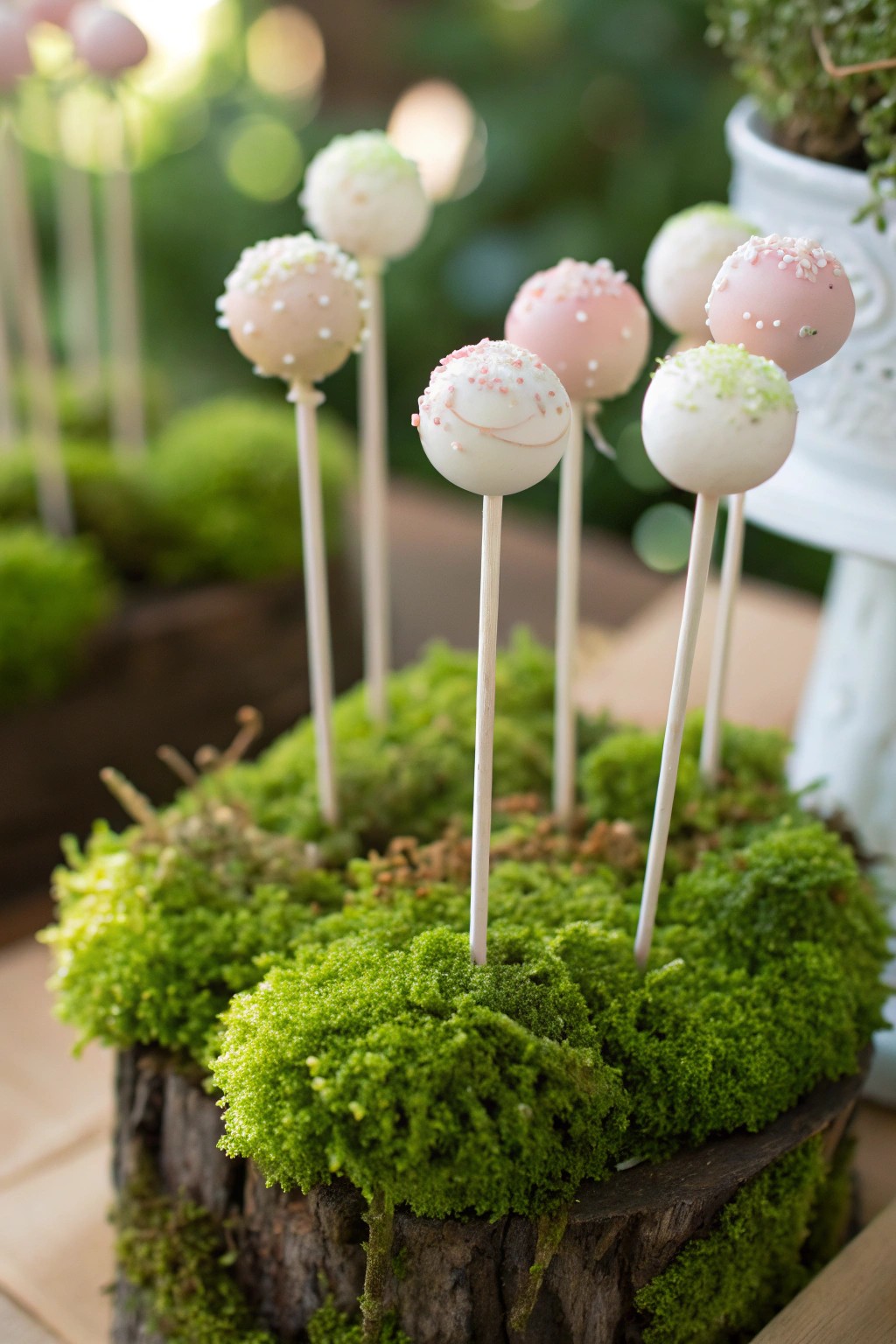 Whimsical cake pops in a moss garden—simple, beautiful, and irresistibly charming.