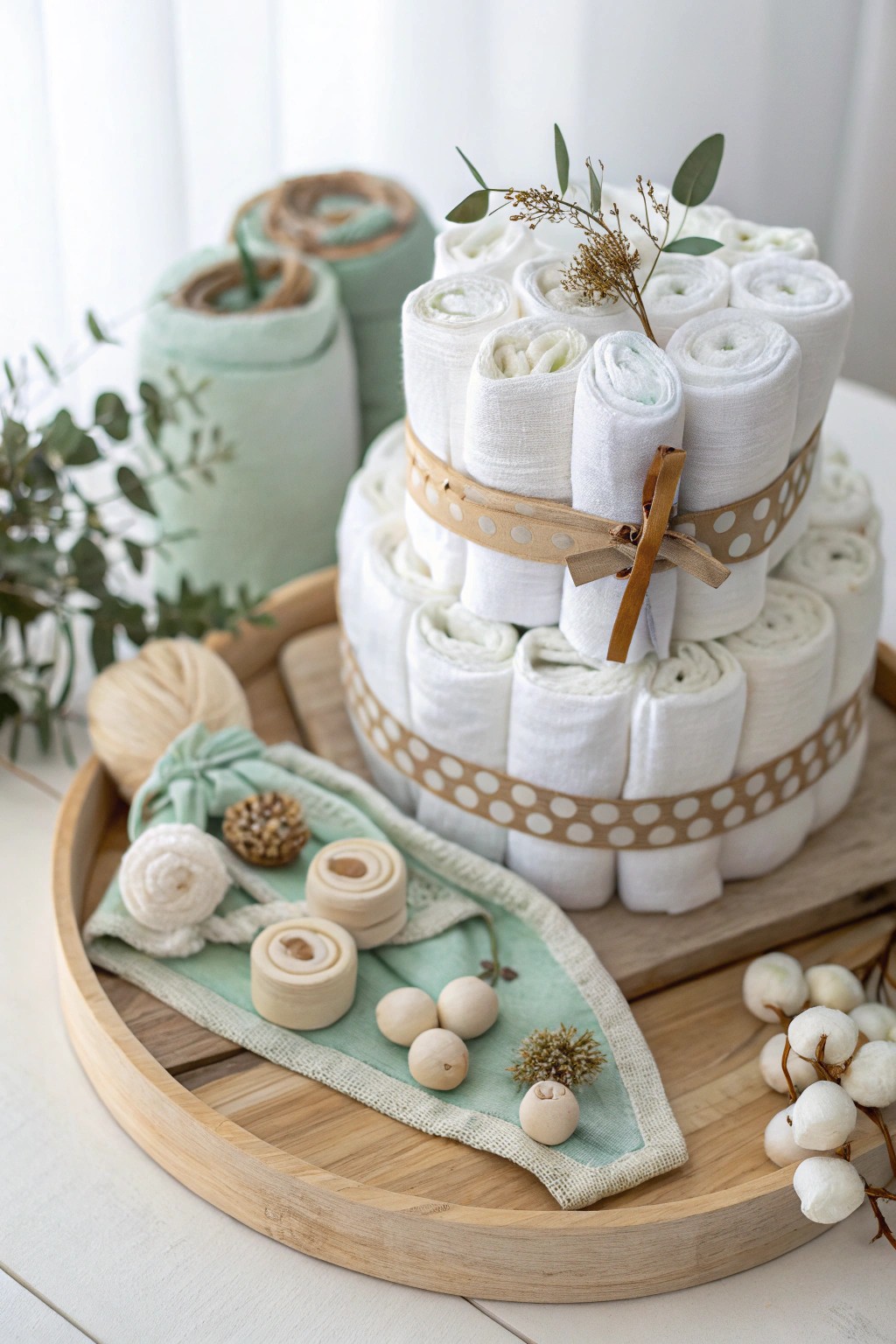 A thoughtfully upcycled diaper cake with natural textures and sweet baby essentials—Scandi-boho style for the modern mom.