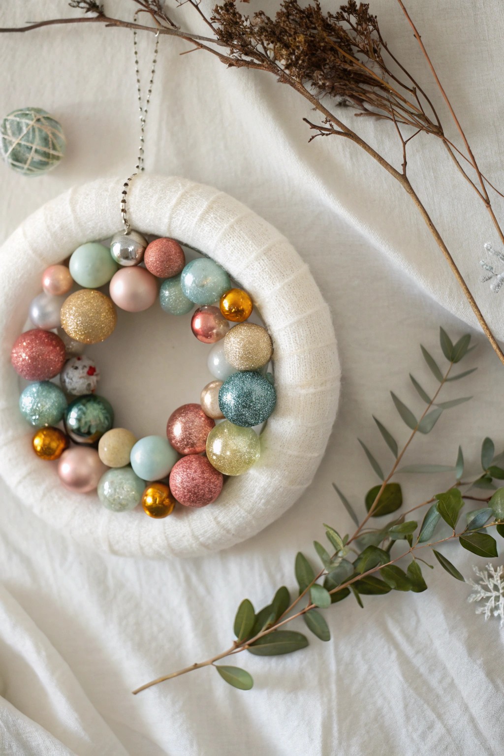 A nostalgic wreath of vintage glass ornaments—crafted with love and timeless style.