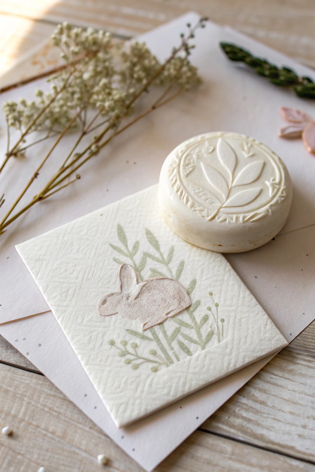 Crafted with nature: minimalist bunny card stamped with a Brussels sprout for a fresh Easter touch.