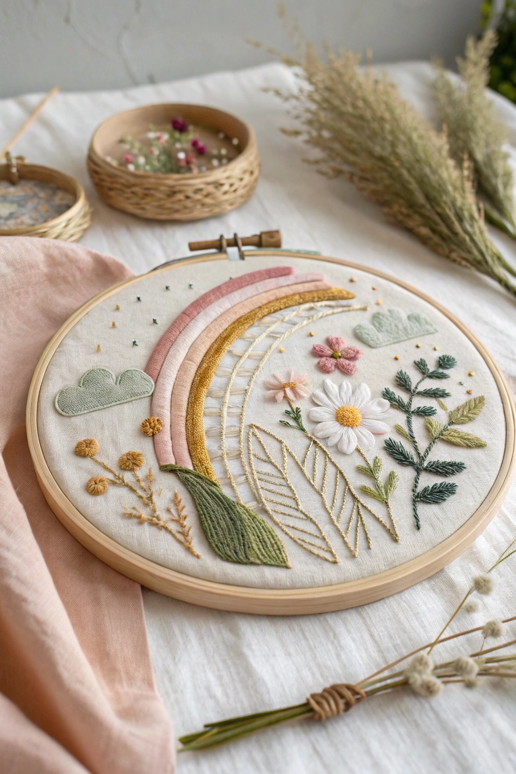 A dreamy blend of textures—mixed-media embroidery that brings nature and craft together.