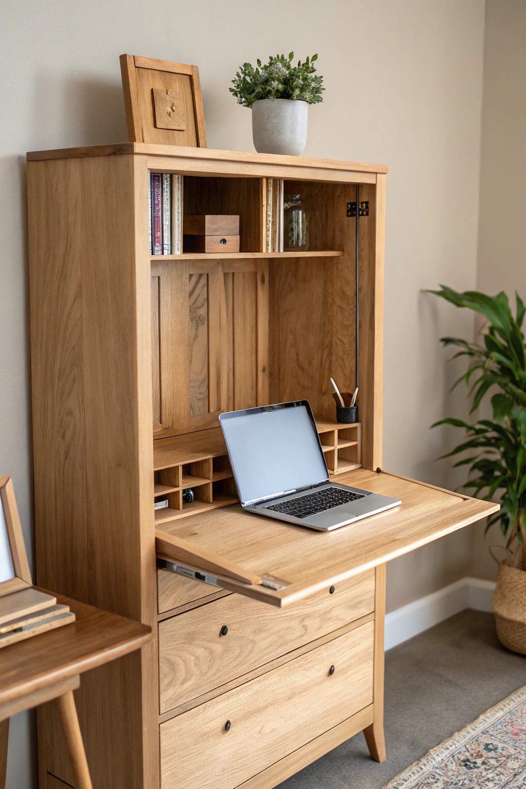 Seamlessly shift from work to play with this stunning fold-down desk & media center.