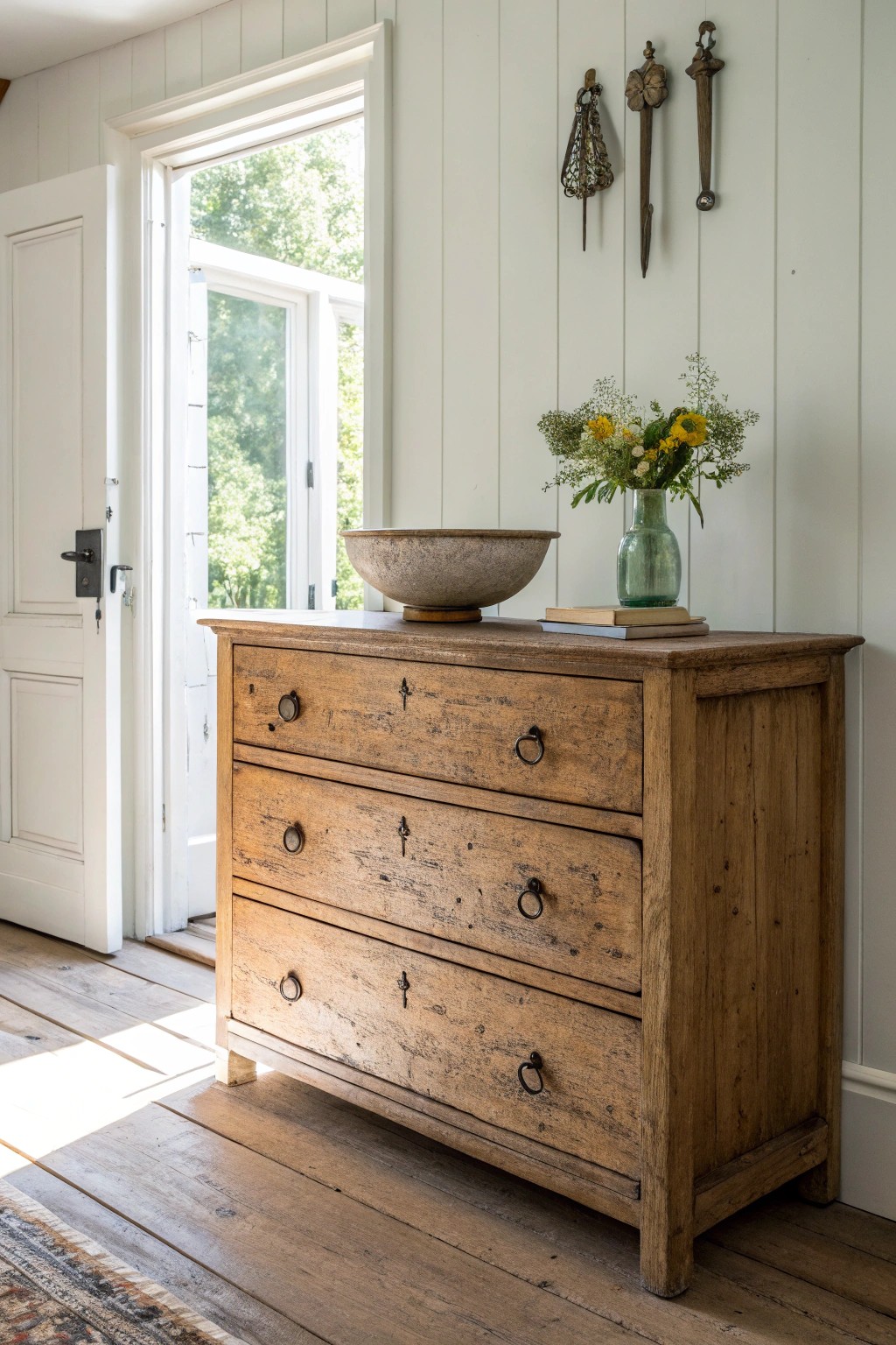 A vintage dresser brings timeless character and craftsmanship to your entryway.