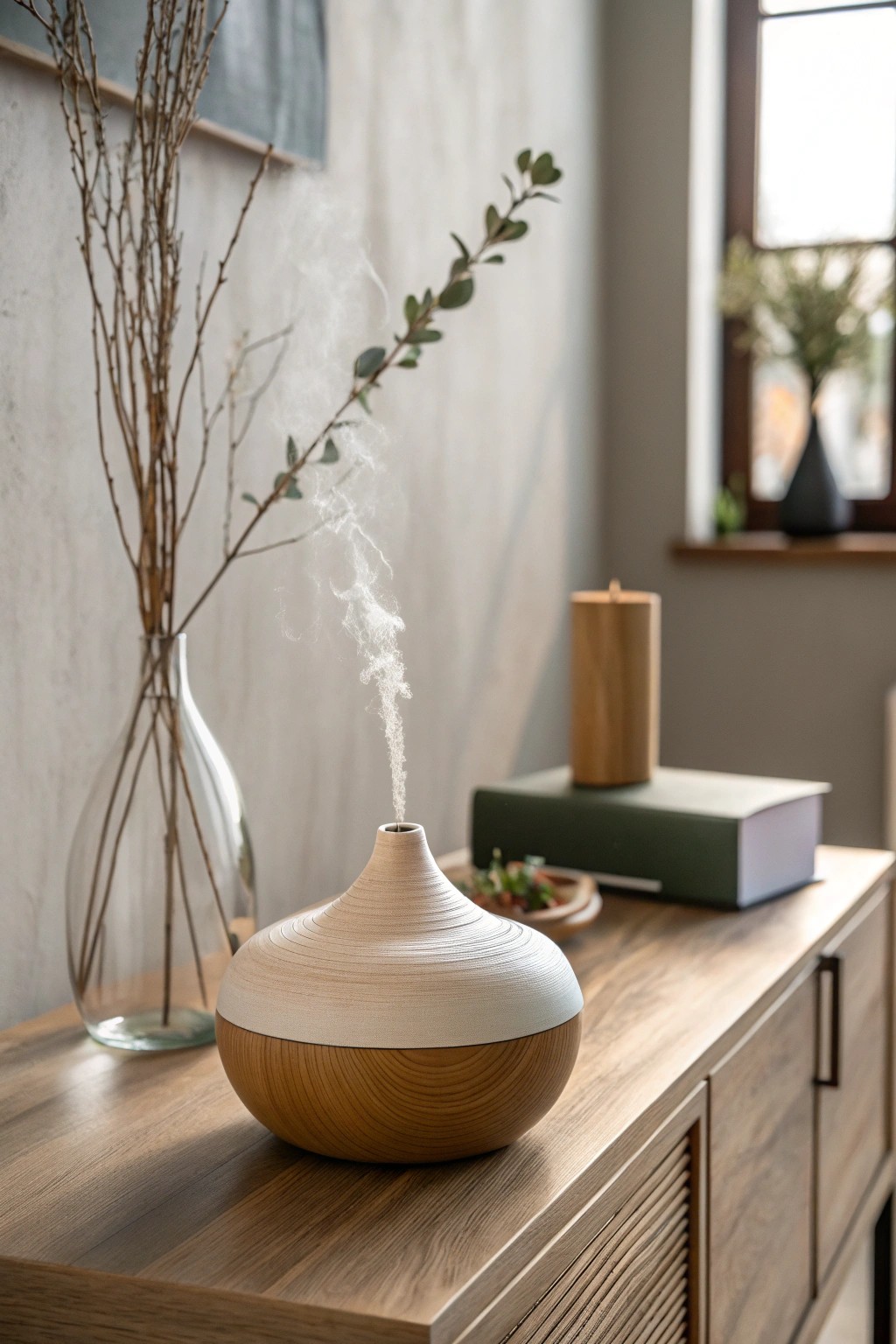 A handcrafted diffuser brings a welcoming signature scent to your entryway.