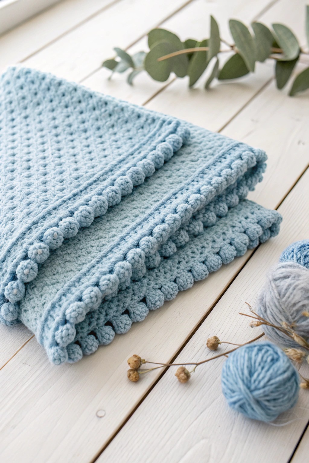 Soft blue bobbles and timeless simplicity—cozy up with this handcrafted baby blanket.
