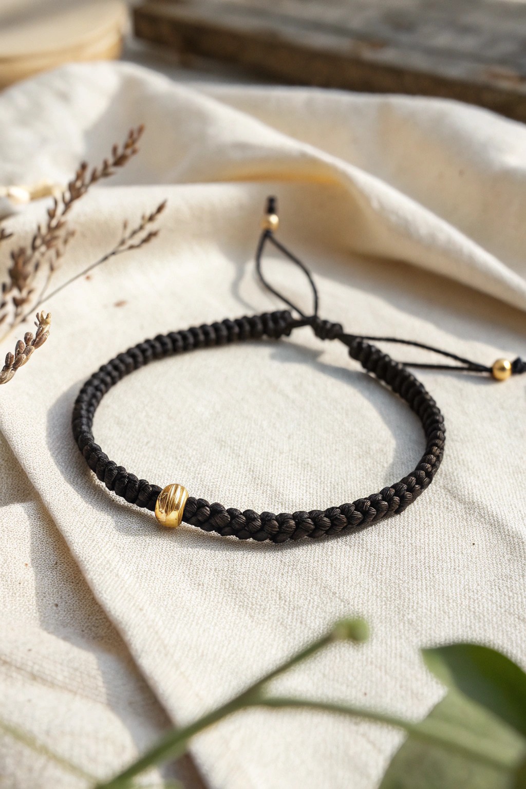 Make a statement with a bold, monochrome friendship bracelet—elevated by a touch of gold.